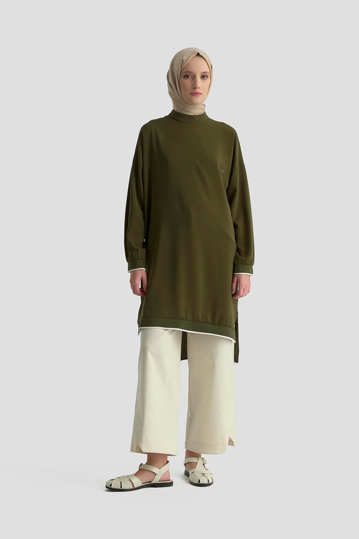 ARMİNE TREND Kolları Ribanalı Arkadan Uzatmalı Basic Tunik-Haki 25YT449