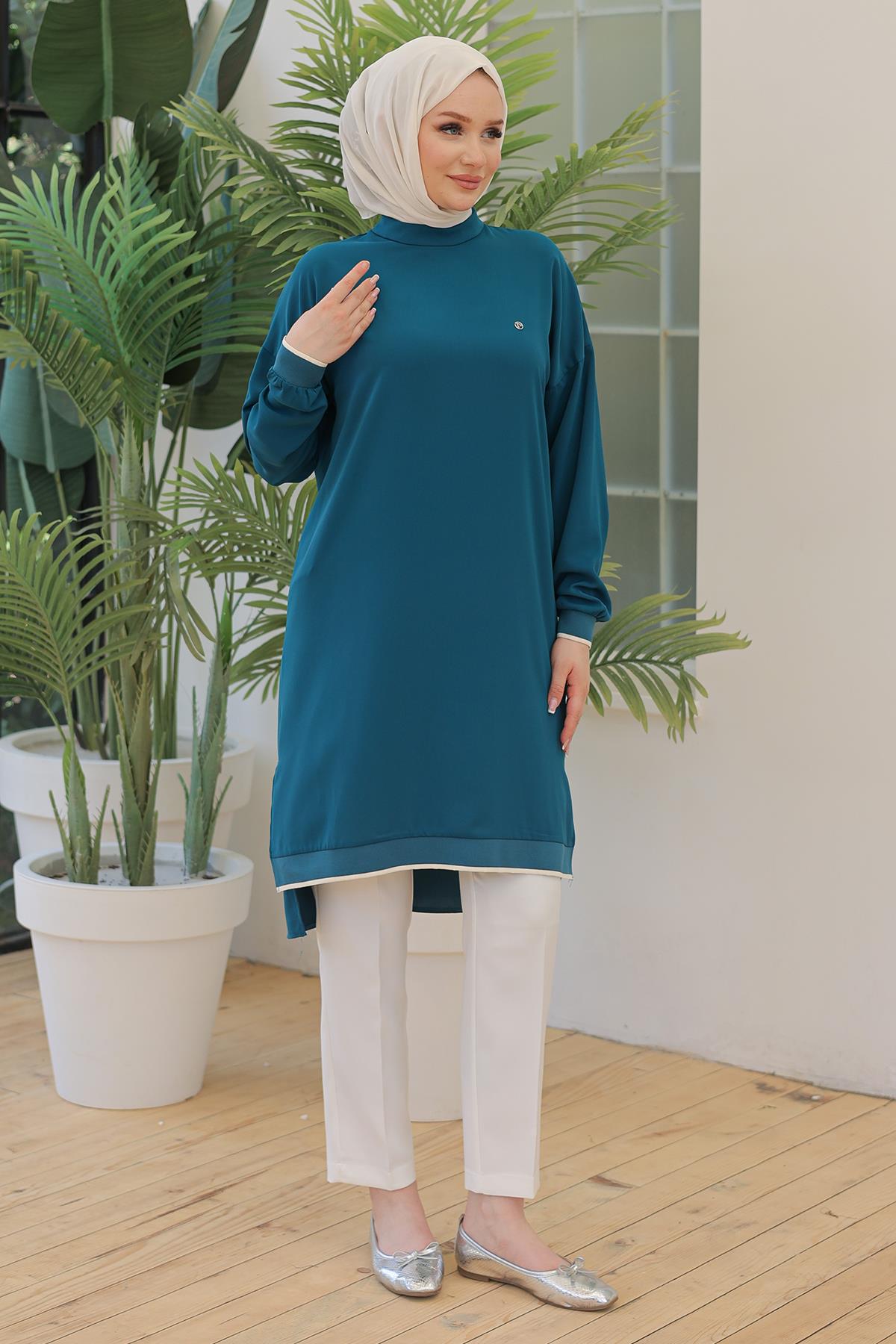 ARMİNE TREND Kolları Ribanalı Arkadan Uzatmalı Basic Tunik Petrol 24YT480