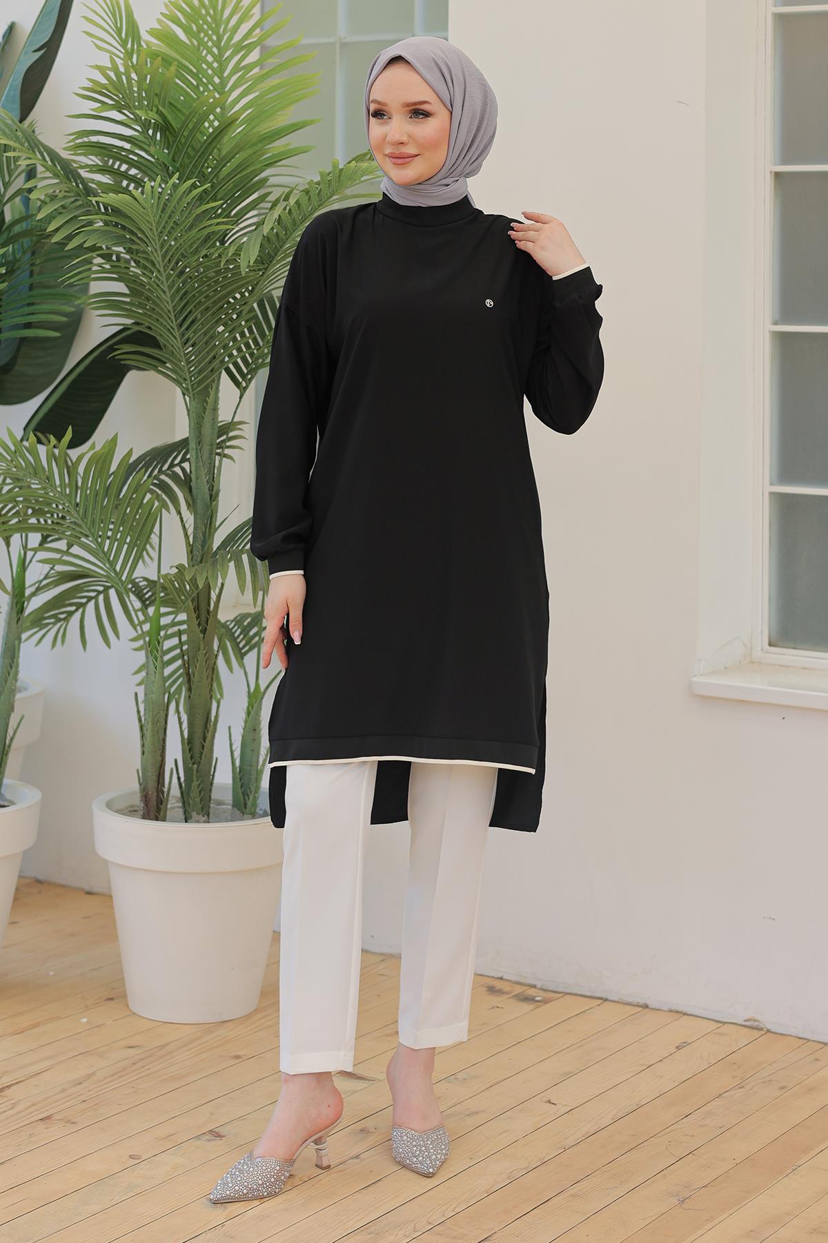 ARMİNE TREND Kolları Ribanalı Arkadan Uzatmalı Basic Tunik Siyah 24YT480