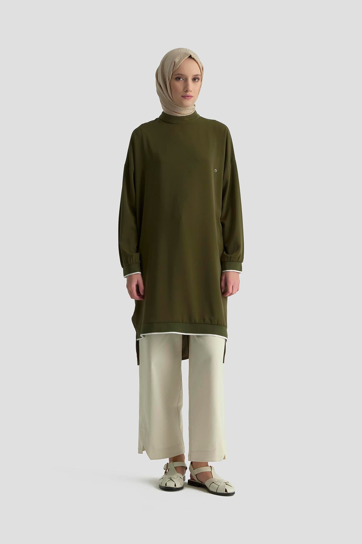 ARMİNE TREND Kolları Ribanalı Arkadan Uzatmalı Basic Tunik-Haki 25YT449