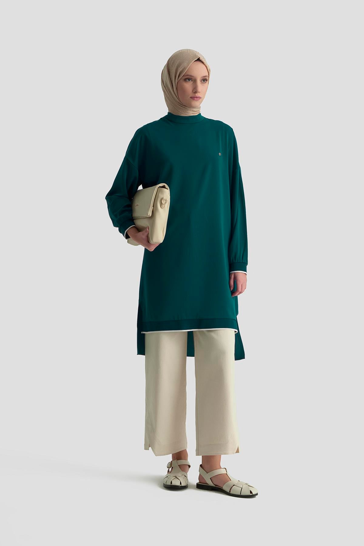 ARMİNE TREND Kolları Ribanalı Arkadan Uzatmalı Basic Tunik-Petrol 25YT449
