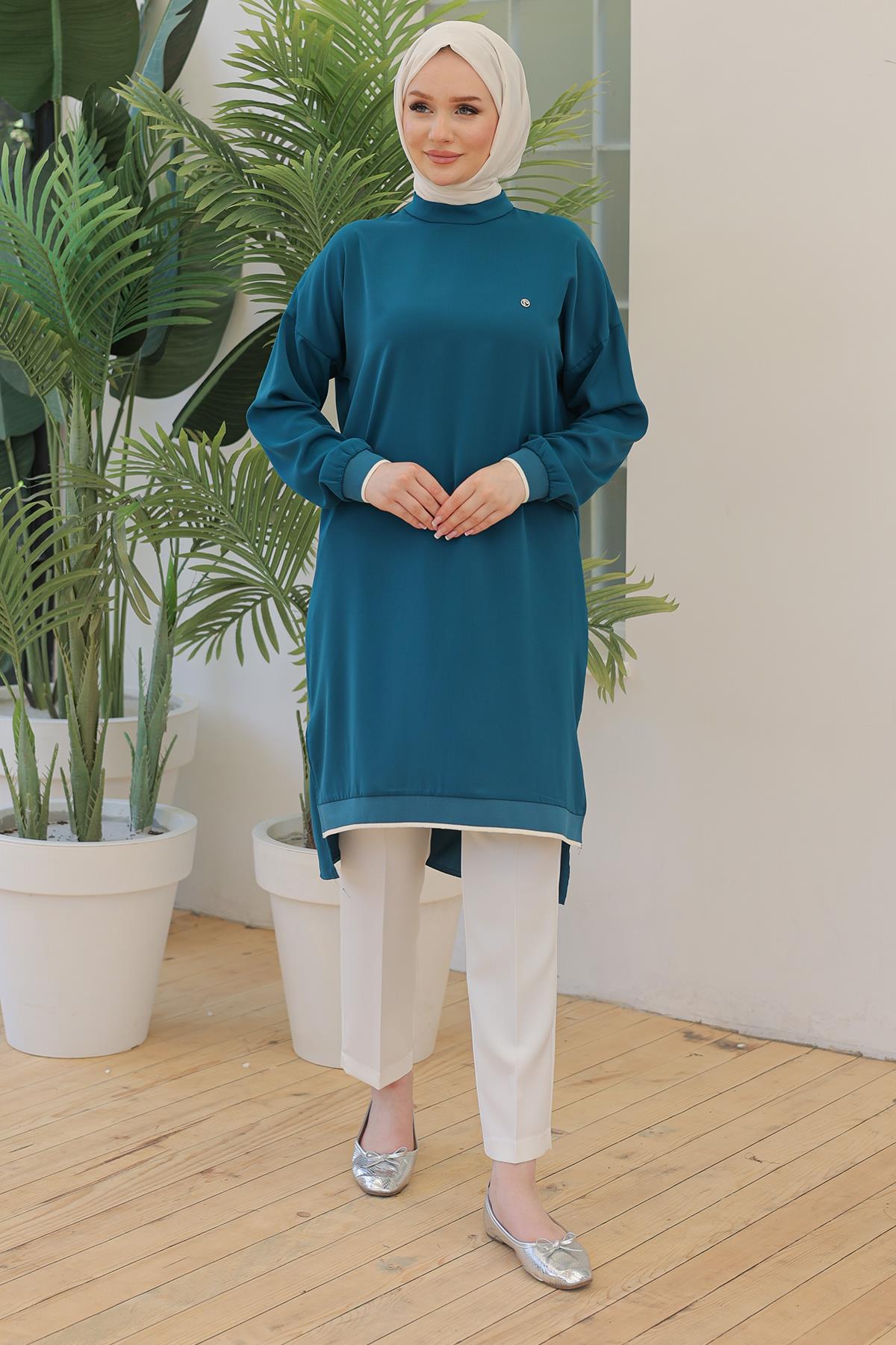 ARMİNE TREND Kolları Ribanalı Arkadan Uzatmalı Basic Tunik Petrol 24YT480