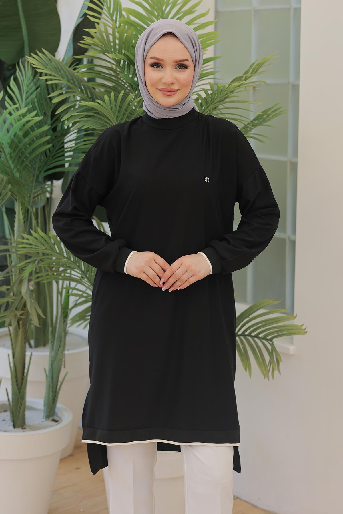 ARMİNE TREND Kolları Ribanalı Arkadan Uzatmalı Basic Tunik Siyah 24YT480