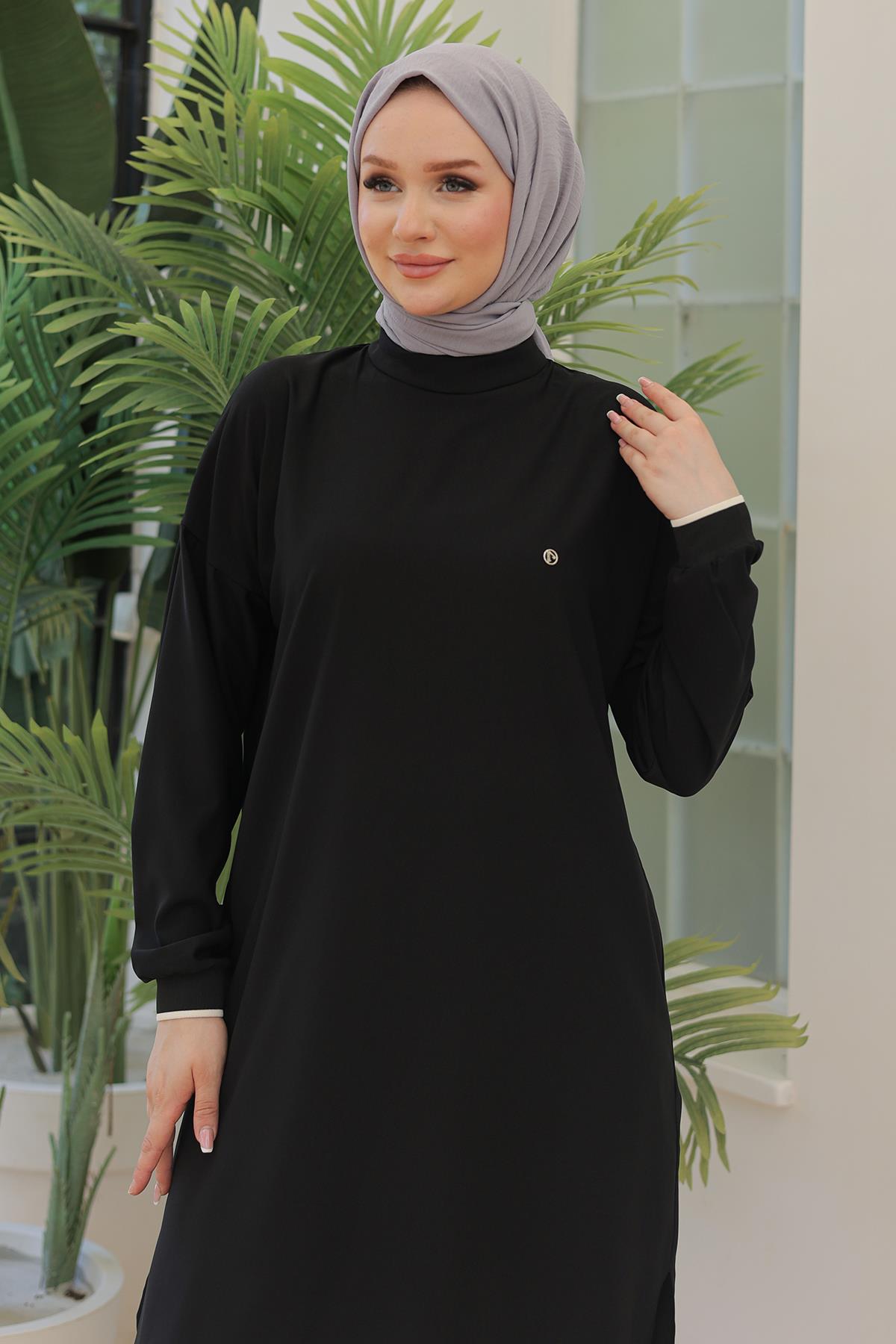 ARMİNE TREND Kolları Ribanalı Arkadan Uzatmalı Basic Tunik Siyah 24YT480