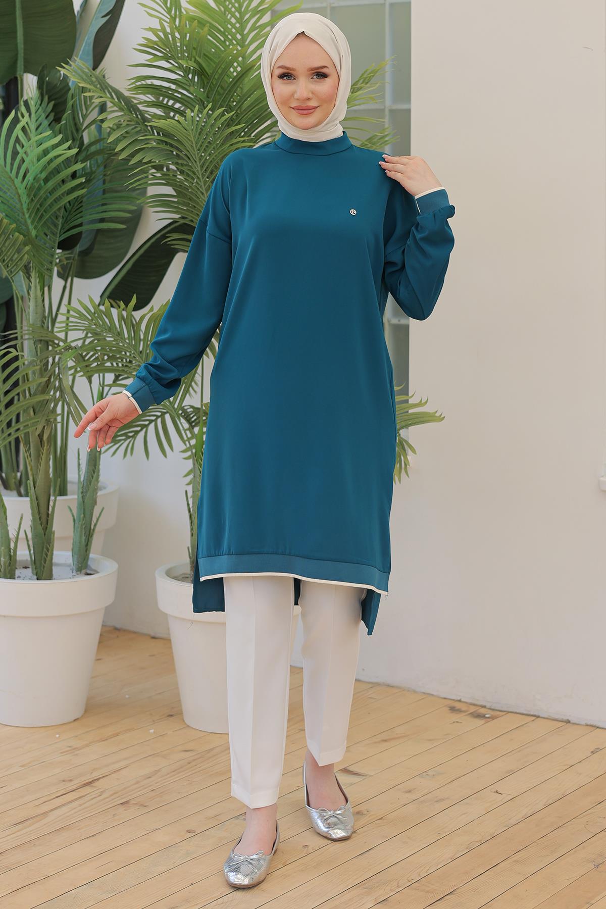 ARMİNE TREND Kolları Ribanalı Arkadan Uzatmalı Basic Tunik Petrol 24YT480