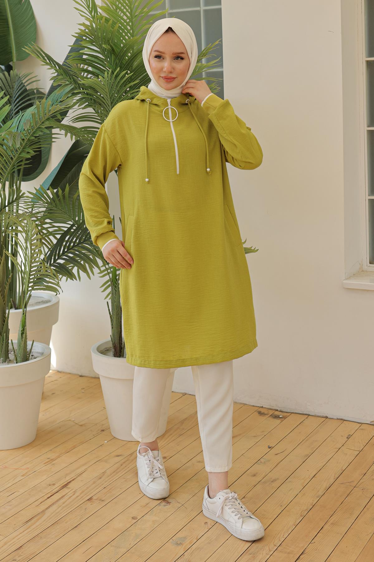 ARMİNE TREND Kolları Ribanalı Kapüşonlu Yarım Fermuarlı Tunik Asit Yeşil 24YT497