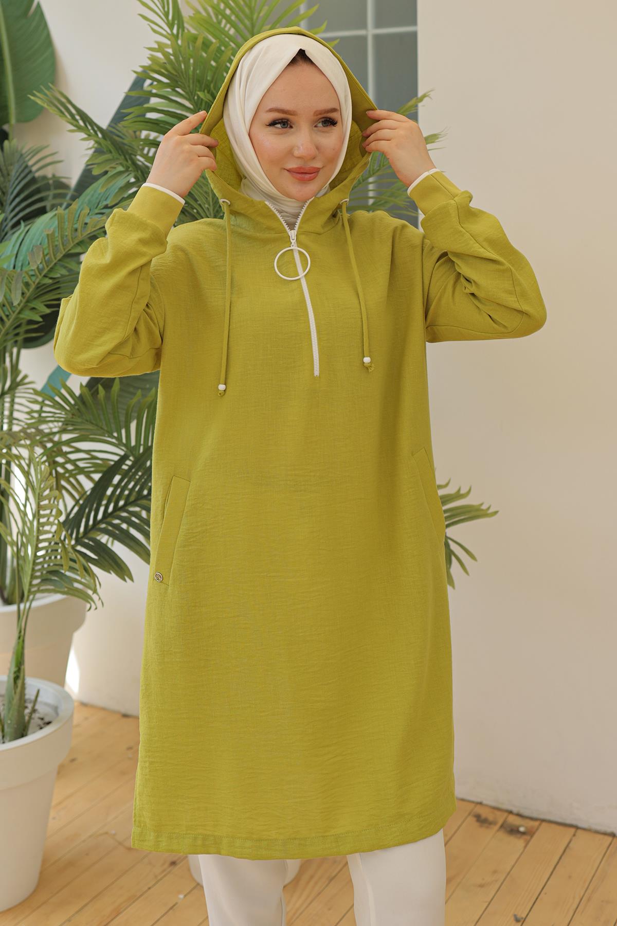 ARMİNE TREND Kolları Ribanalı Kapüşonlu Yarım Fermuarlı Tunik Asit Yeşil 24YT497