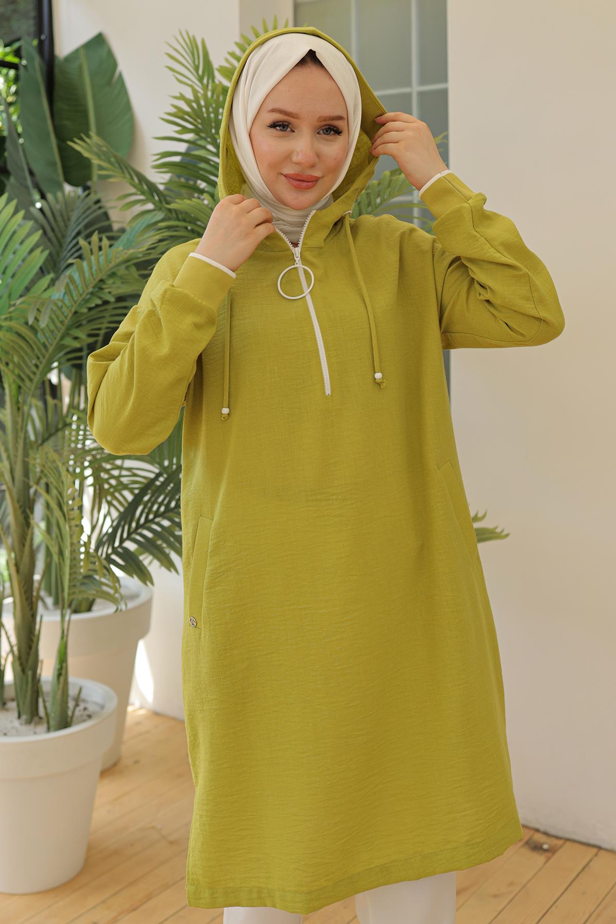 ARMİNE TREND Kolları Ribanalı Kapüşonlu Yarım Fermuarlı Tunik Asit Yeşil 24YT497