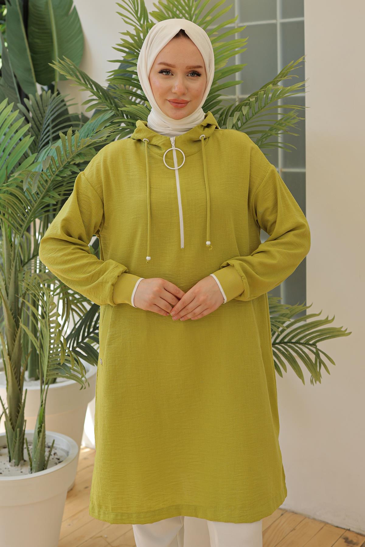 ARMİNE TREND Kolları Ribanalı Kapüşonlu Yarım Fermuarlı Tunik Asit Yeşil 24YT497