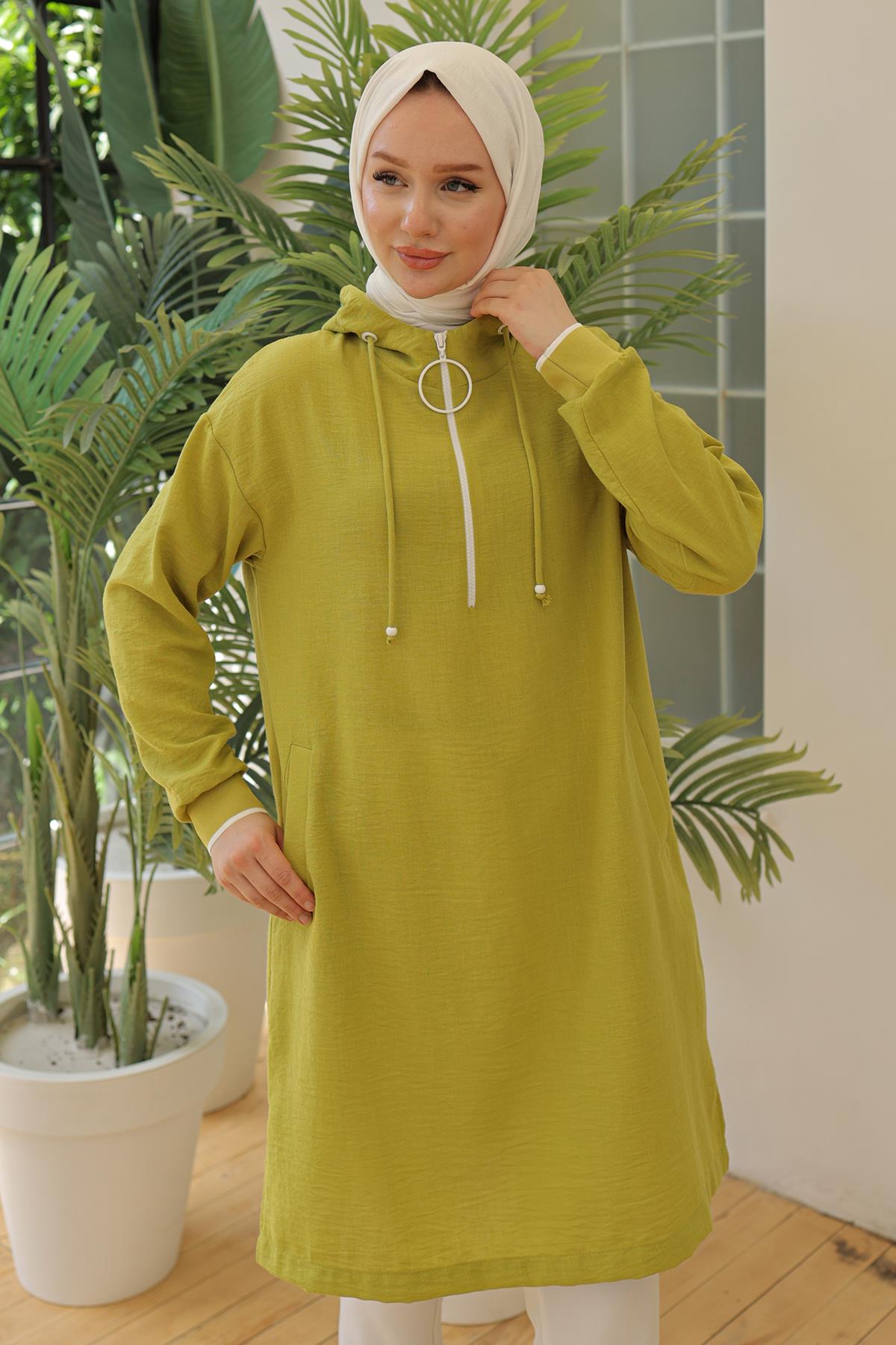 ARMİNE TREND Kolları Ribanalı Kapüşonlu Yarım Fermuarlı Tunik Asit Yeşil 24YT497
