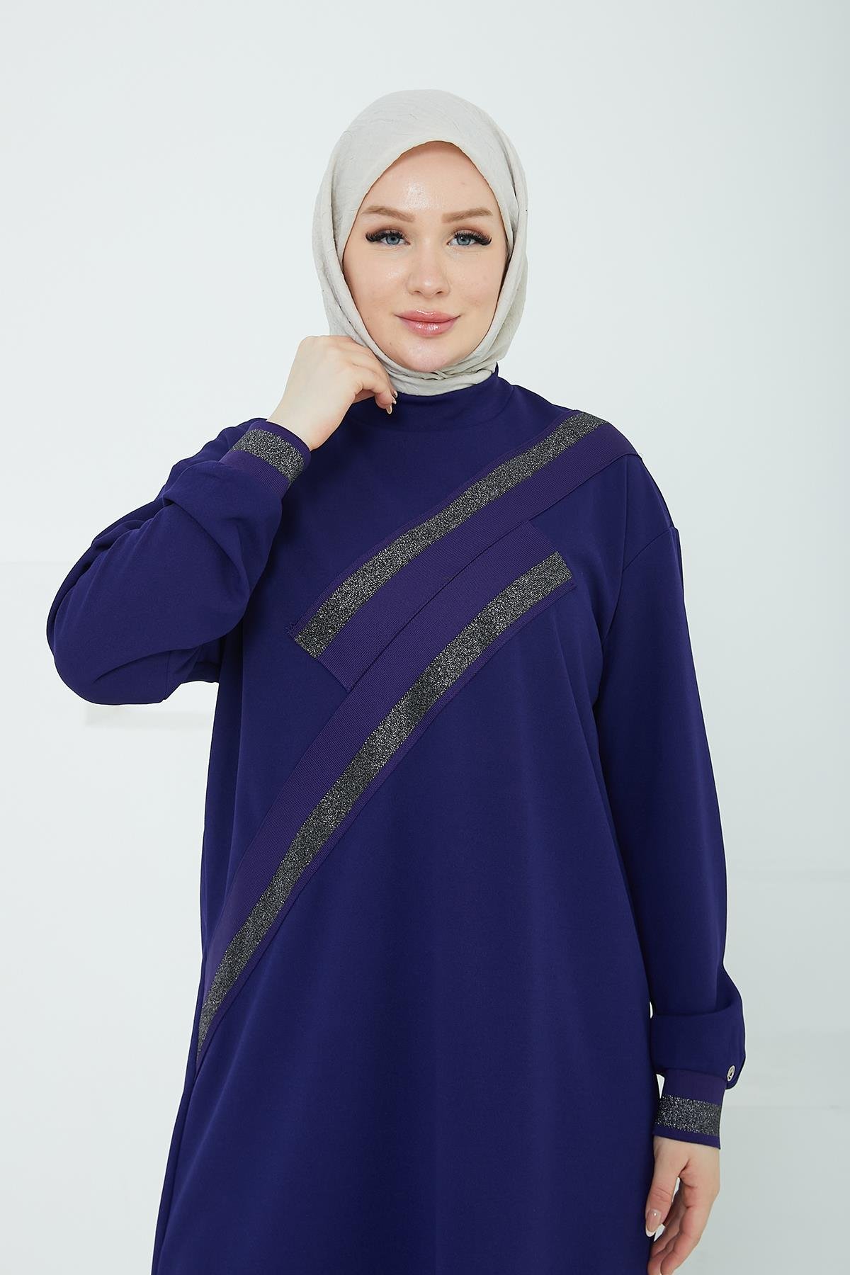 ARMİNE TREND Kolları Ribanalı Sim Detaylı Tunik Morcivert 24KT418