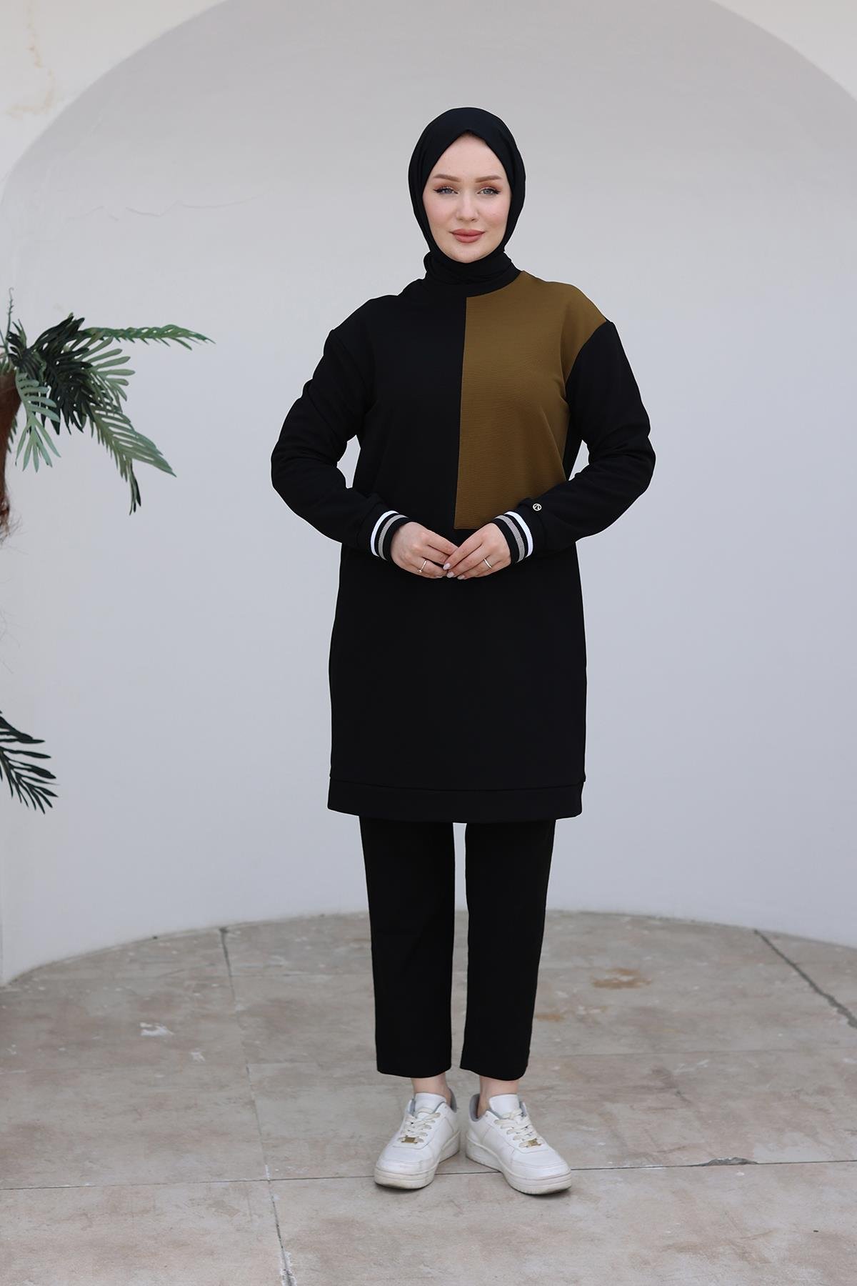 ARMİNE TREND Kolları Ribanalı Tunik-Siyah/Yeşil 24KT478