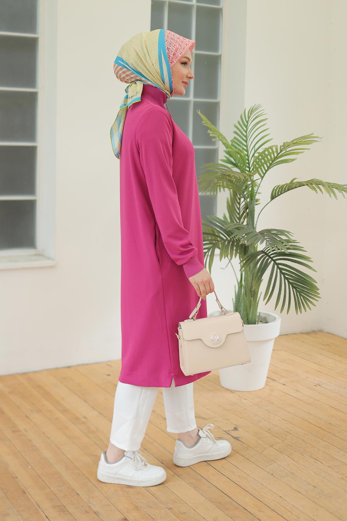 ARMİNE TREND Kolları Ribanalı Yarım Fermuarlı Tunik Pembe 24KT436