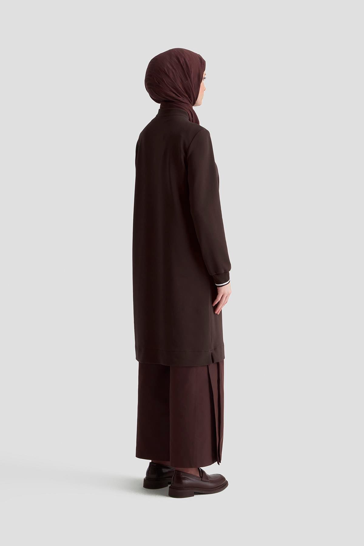 ARMİNE TREND Kolları Ribanalı Yarım Fermuarlı Tunik Kahverengi 25KT443