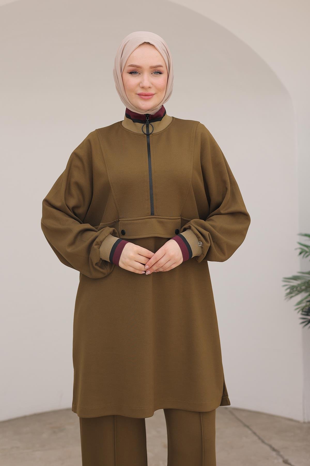 ARMİNE TREND Kolları Ribanalı Yarım Fermuarlı Pantolonlu İkili Takım Haki 24KT624