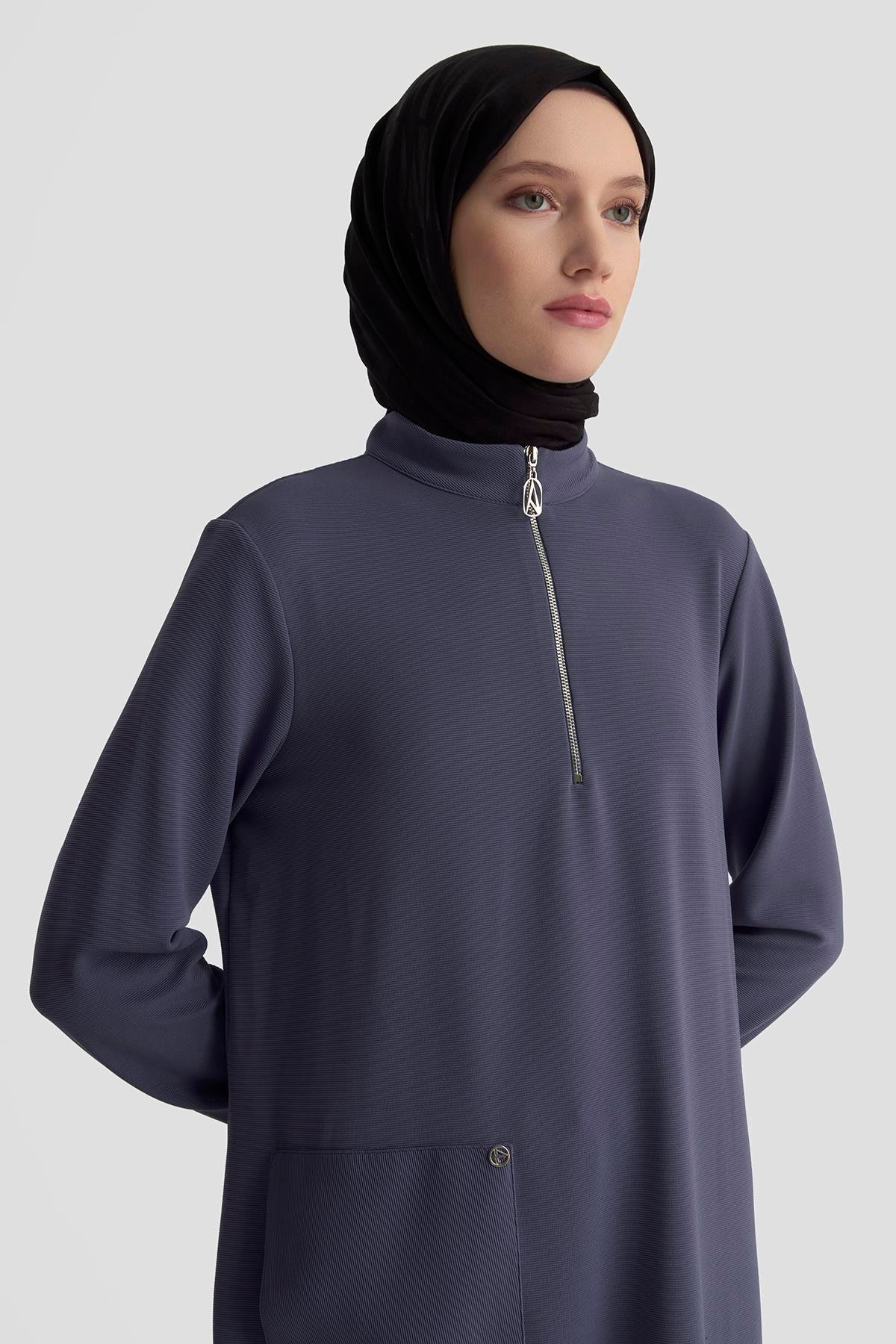 ARMİNE TREND Kolları Ribanalı Yarım Fermuarlı Tunik İndigo 25KT443