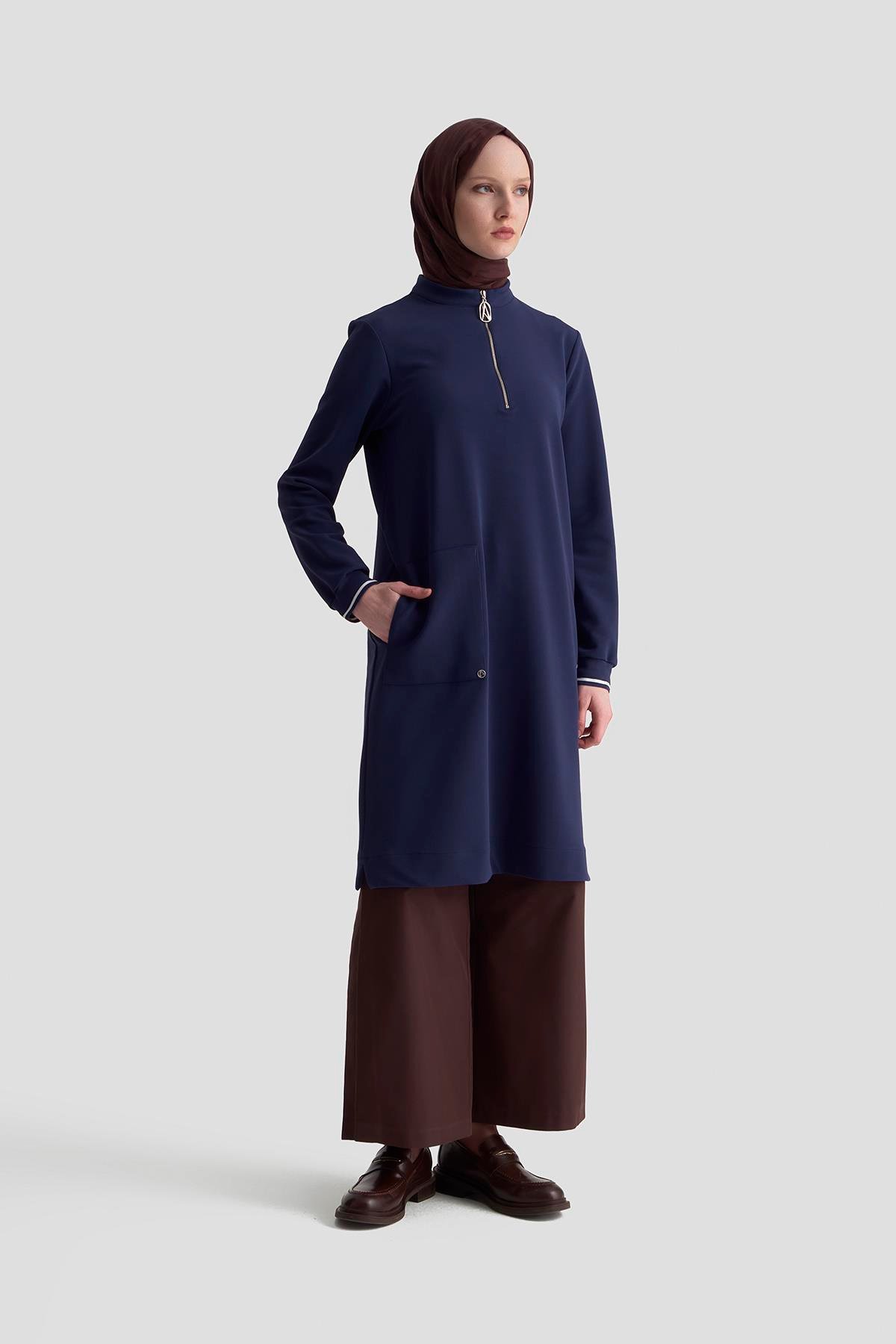 ARMİNE TREND Kolları Ribanalı Yarım Fermuarlı Tunik Lacivert 25KT443