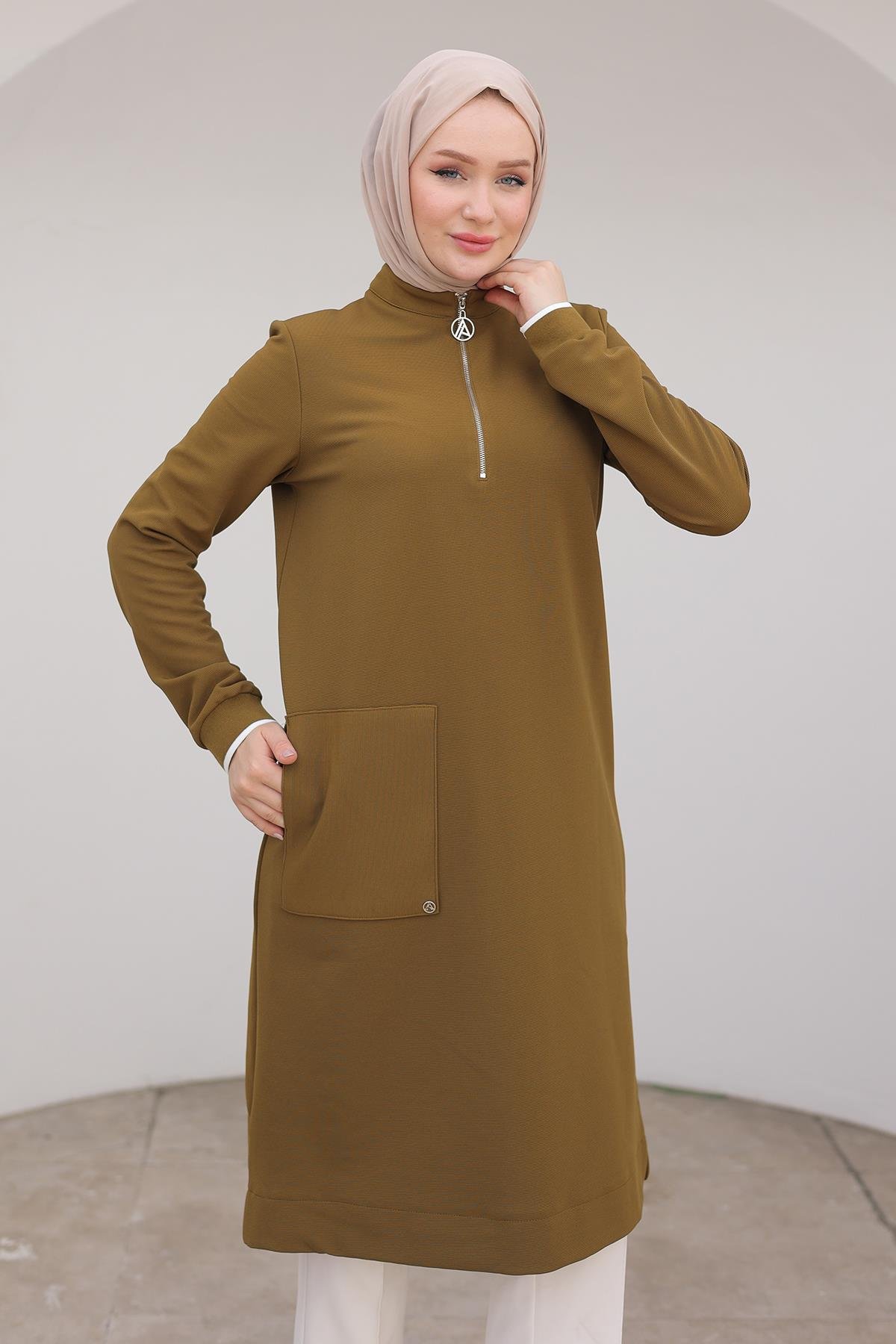 ARMİNE TREND Kolları Ribanalı Yarım Fermuarlı Tunik Yağ Yeşili 24KT453