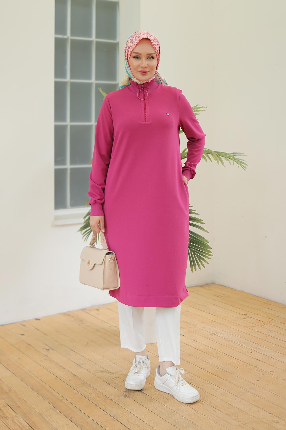ARMİNE TREND Kolları Ribanalı Yarım Fermuarlı Tunik Pembe 24KT436