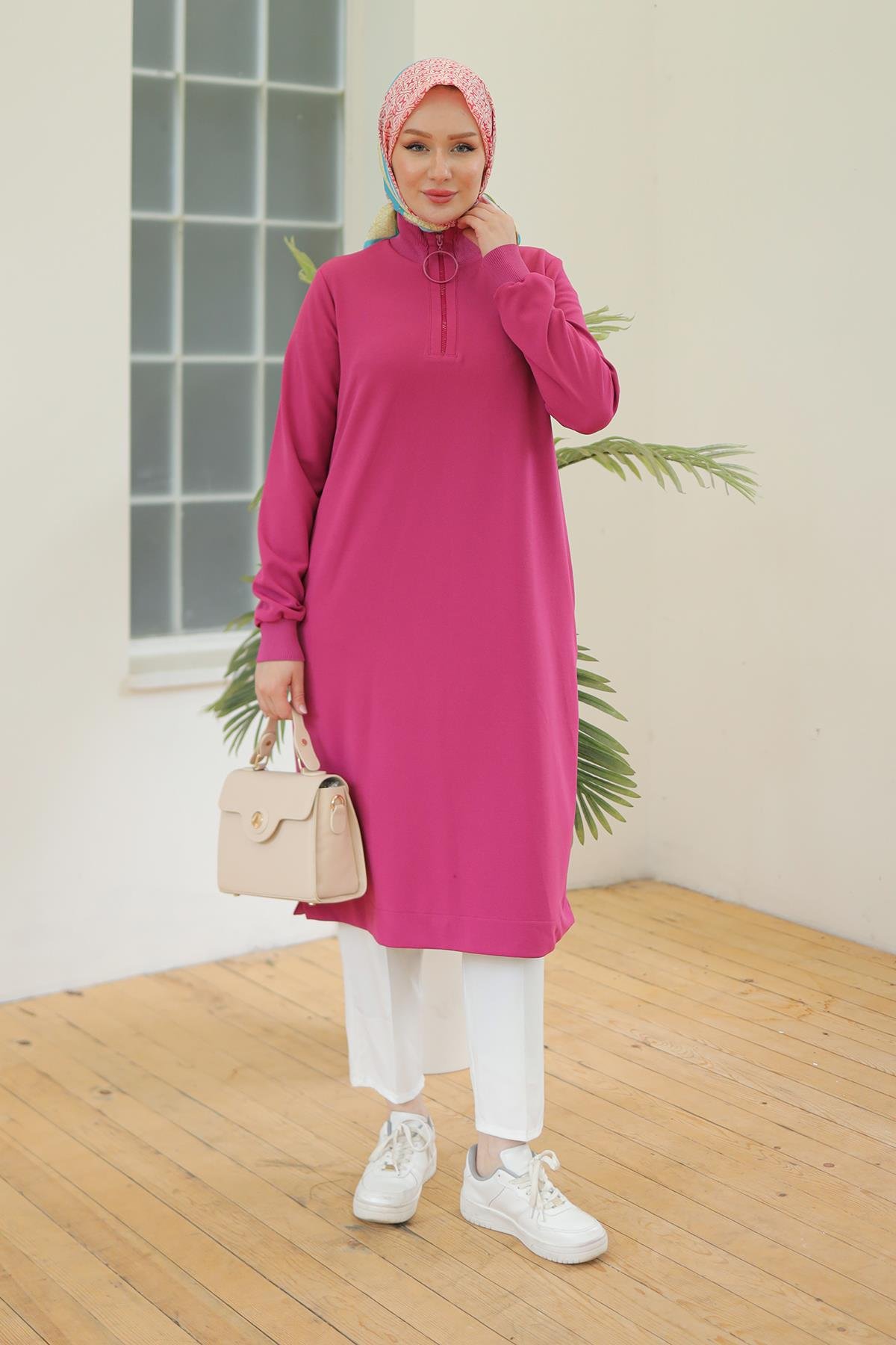 ARMİNE TREND Kolları Ribanalı Yarım Fermuarlı Tunik Pembe 24KT436