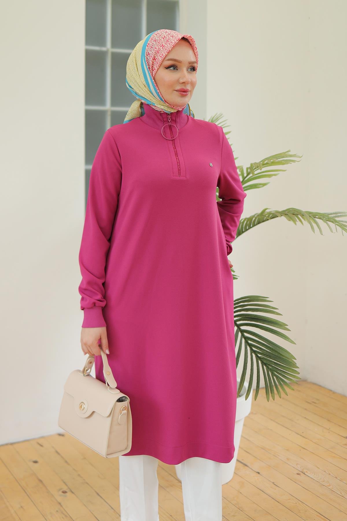 ARMİNE TREND Kolları Ribanalı Yarım Fermuarlı Tunik Pembe 24KT436