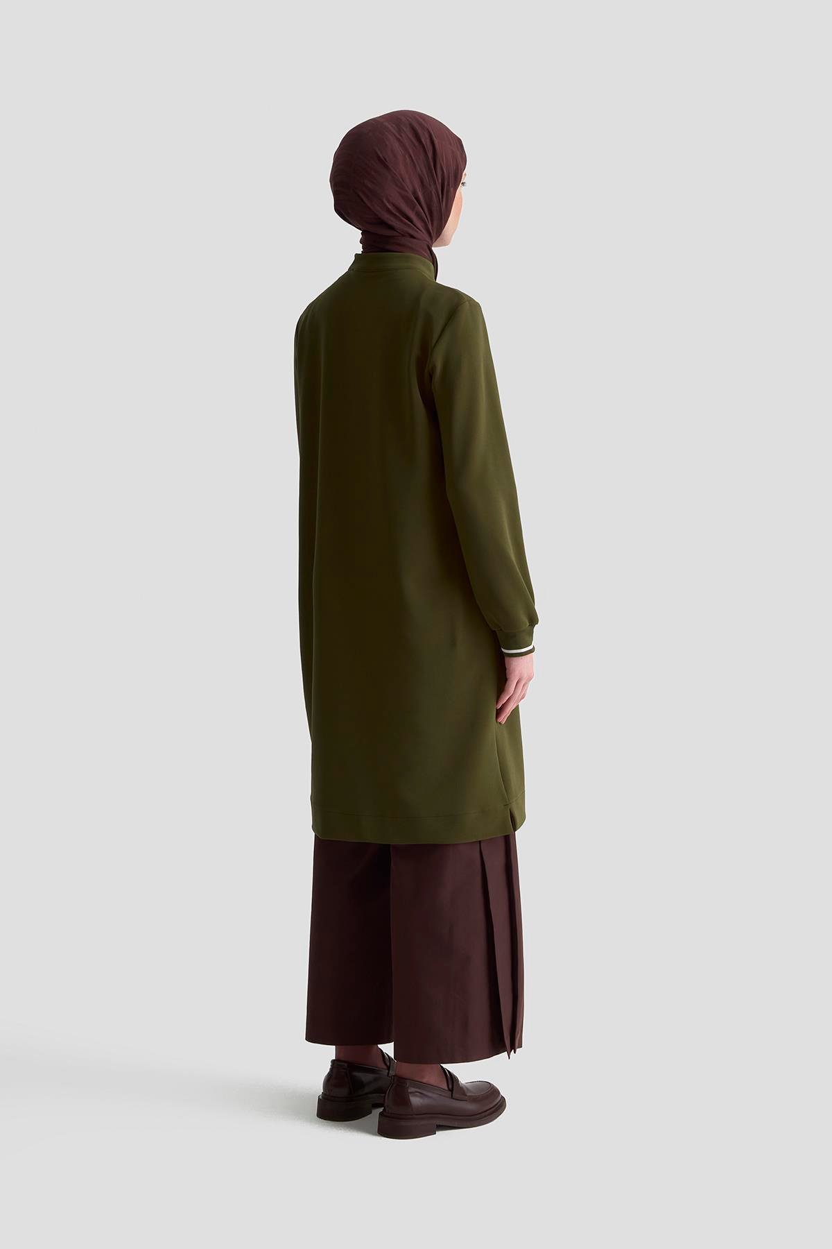 ARMİNE TREND Kolları Ribanalı Yarım Fermuarlı Tunik Yağ Yeşili 25KT443
