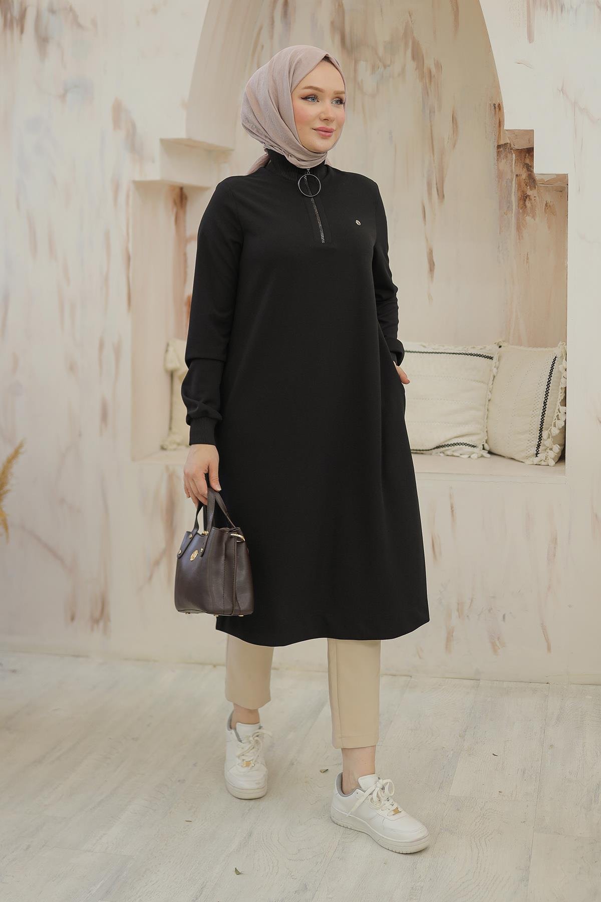 ARMİNE TREND Kolları Ribanalı Yarım Fermuarlı Tunik Siyah 24KT436