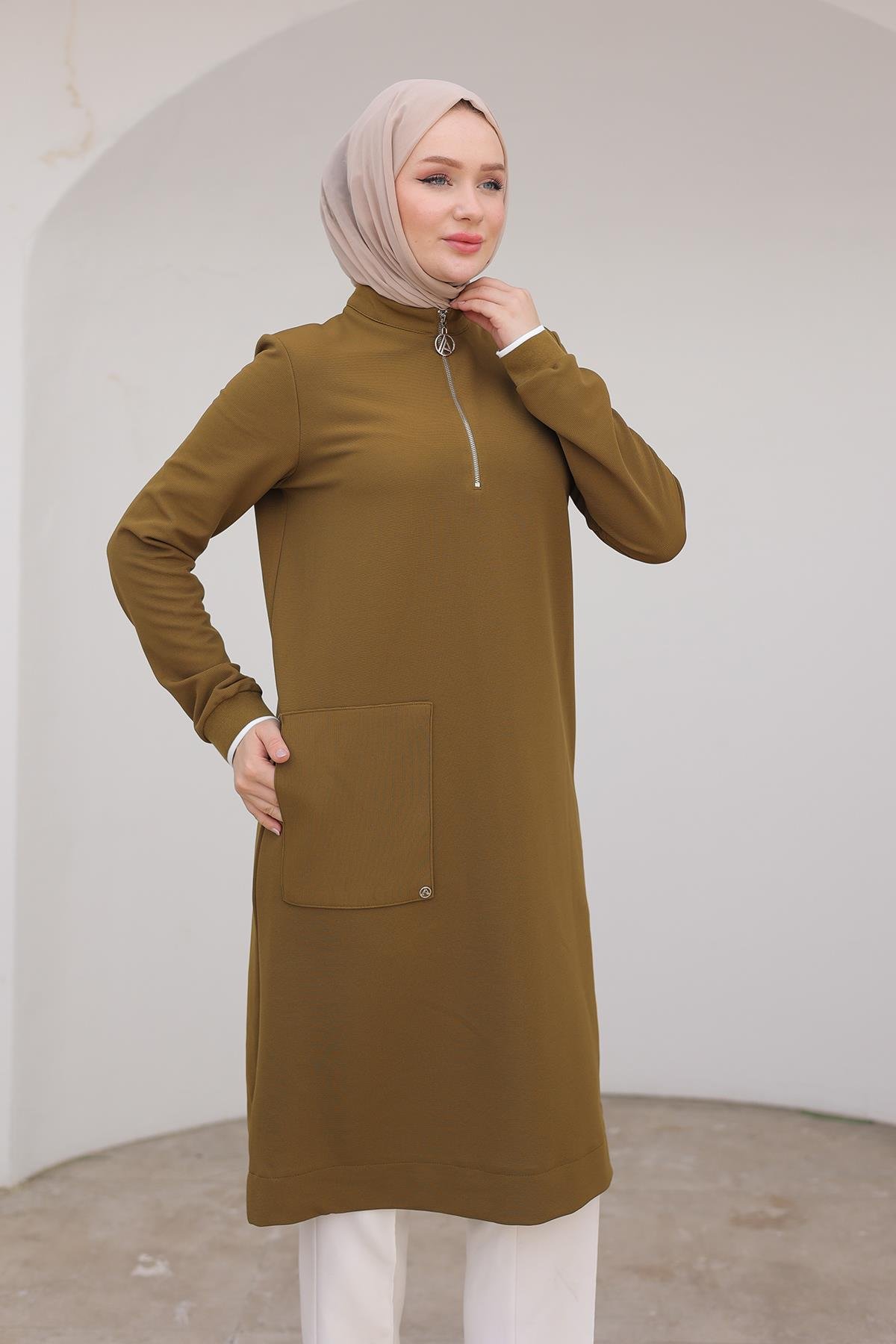 ARMİNE TREND Kolları Ribanalı Yarım Fermuarlı Tunik Yağ Yeşili 24KT453