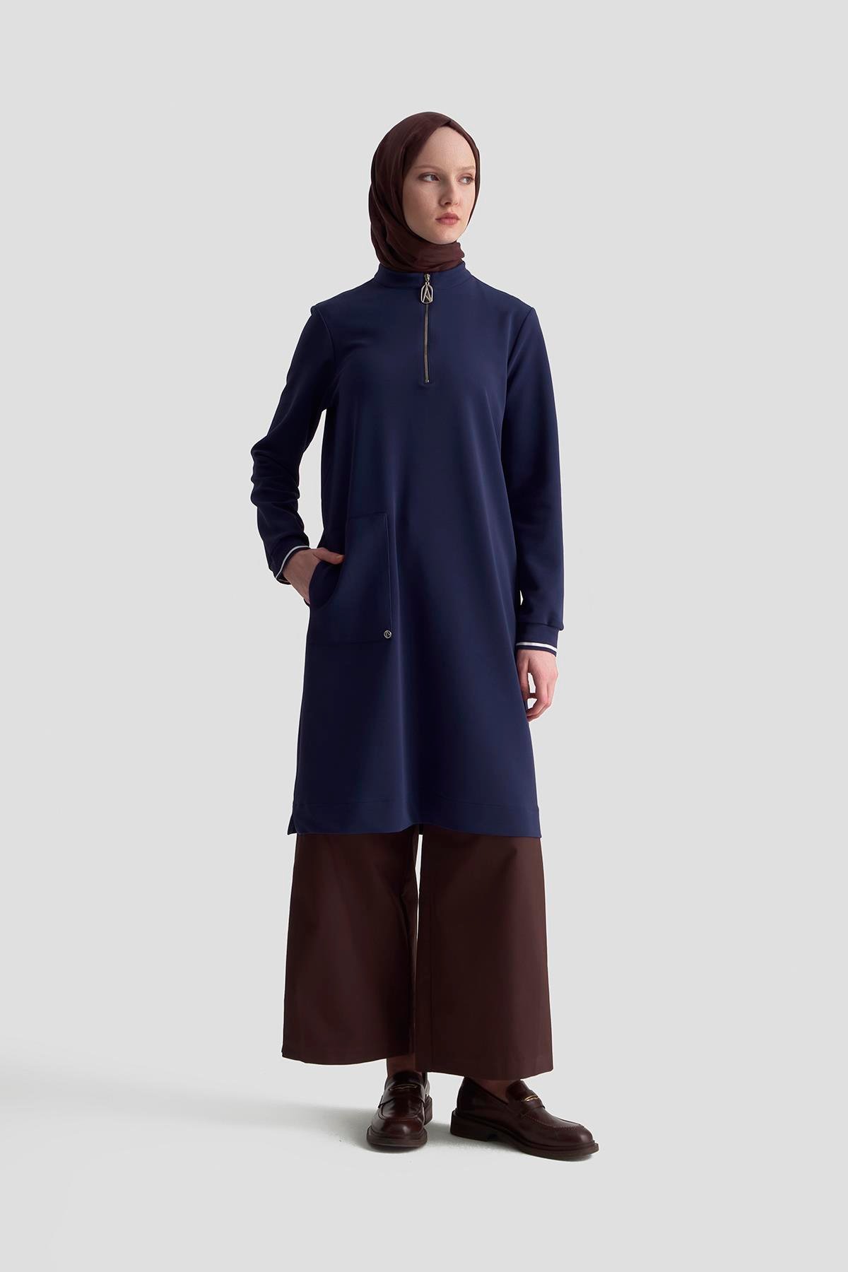 ARMİNE TREND Kolları Ribanalı Yarım Fermuarlı Tunik Lacivert 25KT443