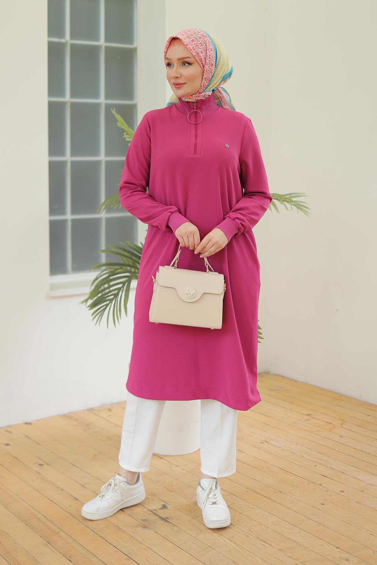 ARMİNE TREND Kolları Ribanalı Yarım Fermuarlı Tunik Pembe 24KT436
