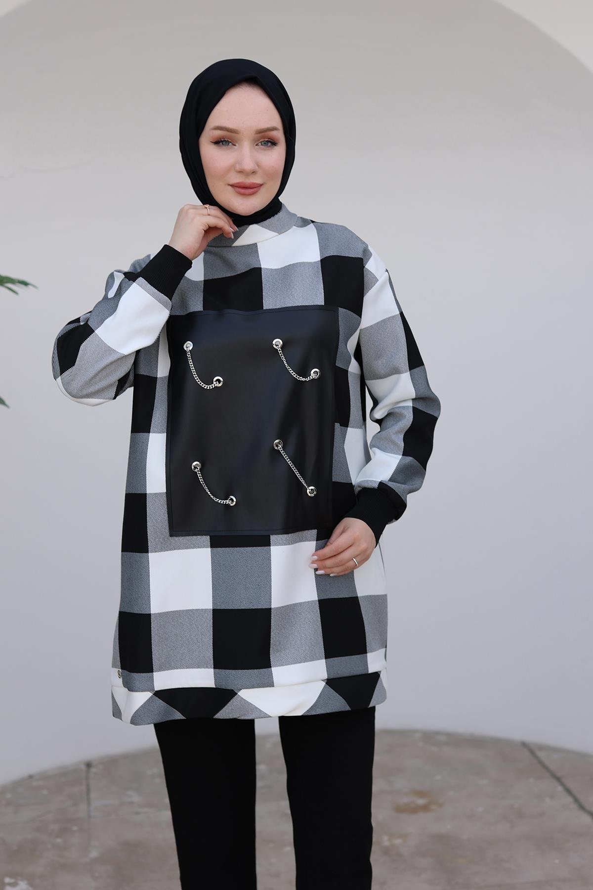 ARMİNE TREND Kolları Ribanalı Zincir Detaylı Tunik-Siyah - Beyaz 24KT467