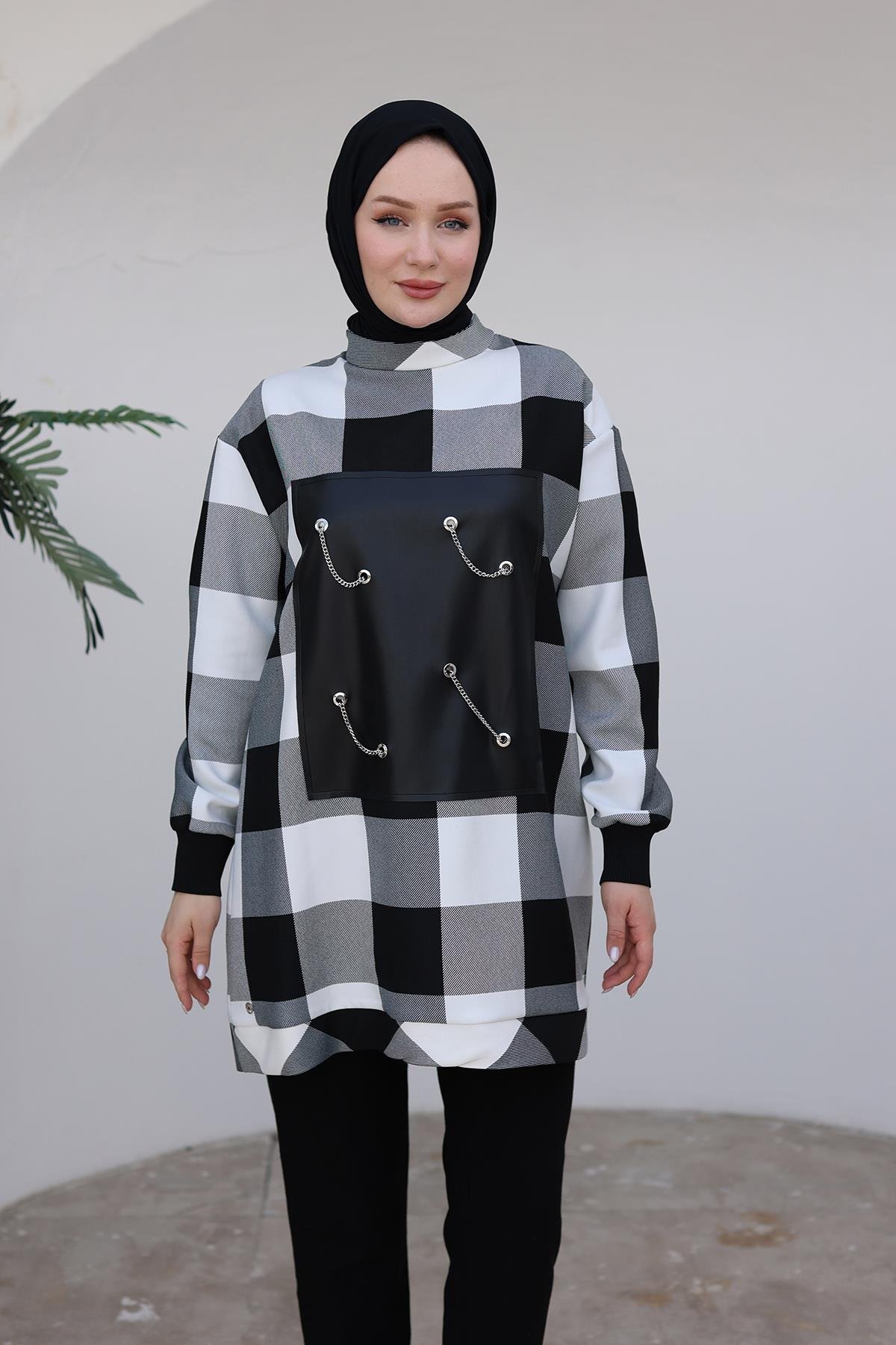 ARMİNE TREND Kolları Ribanalı Zincir Detaylı Tunik-Siyah - Beyaz 24KT467