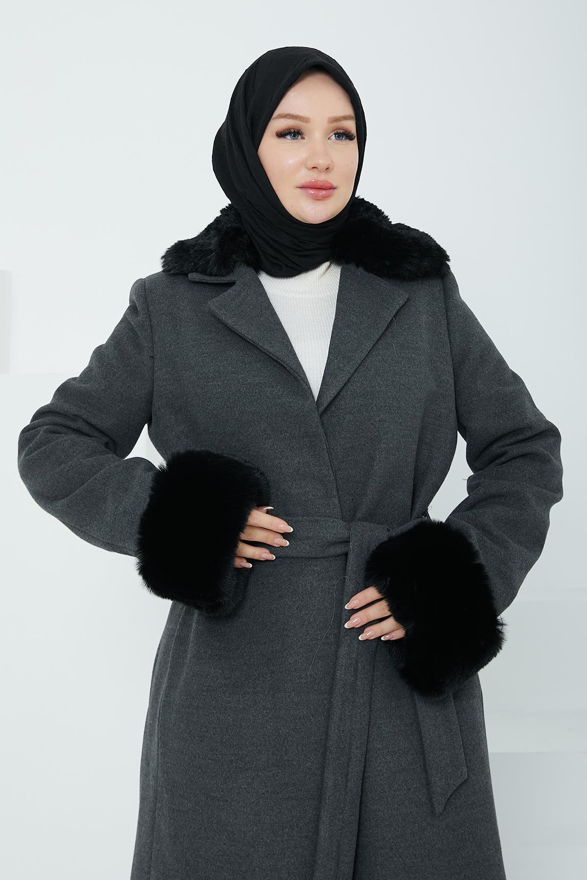 ARMİNE TREND Kolları ve Yakası Seyyar Kürklü Kap-Antrasit 24KT816