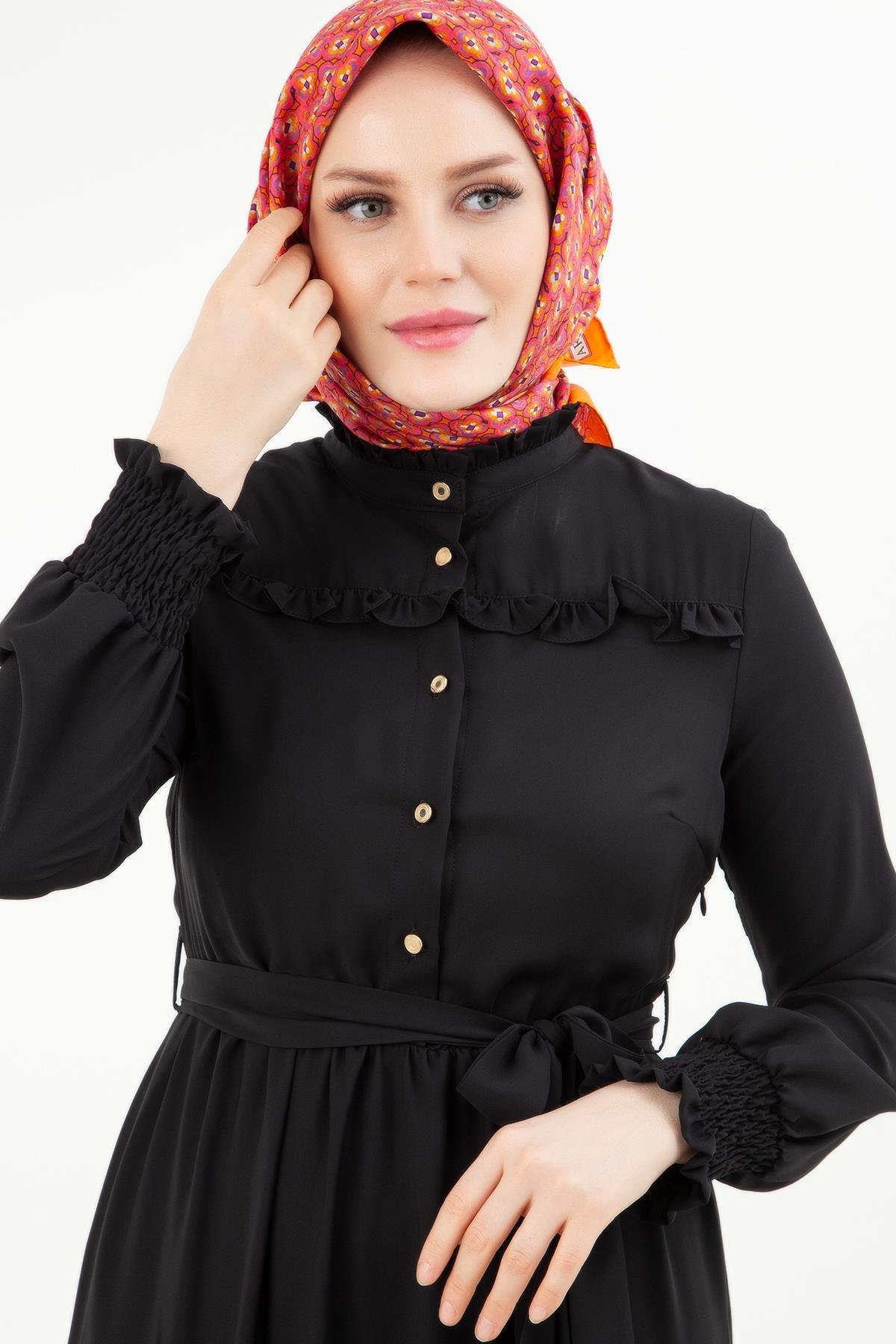ARMİNE TREND Krep Kumaş İç Astarlı Fırfır Detaylı Elbise Siyah 24YT909