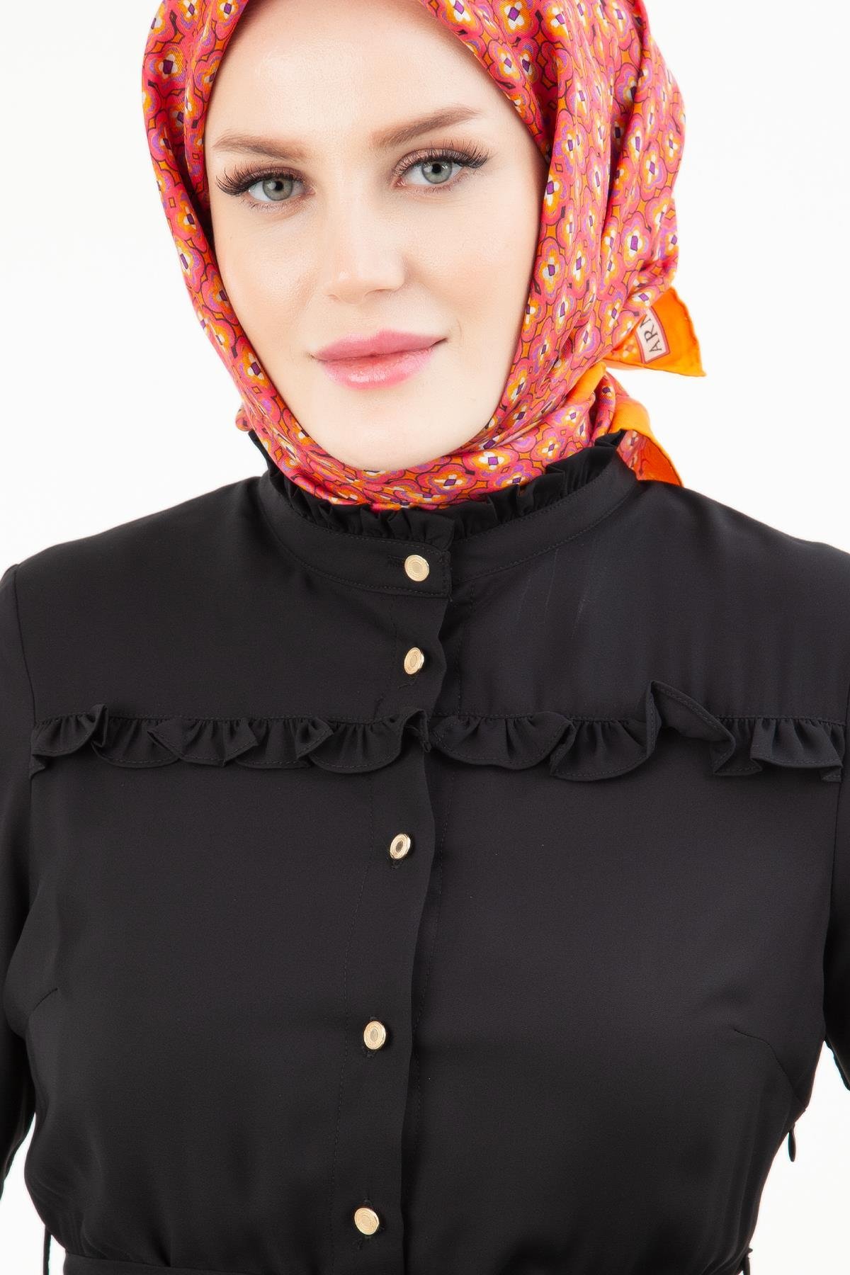 ARMİNE TREND Krep Kumaş İç Astarlı Fırfır Detaylı Elbise Siyah 24YT909