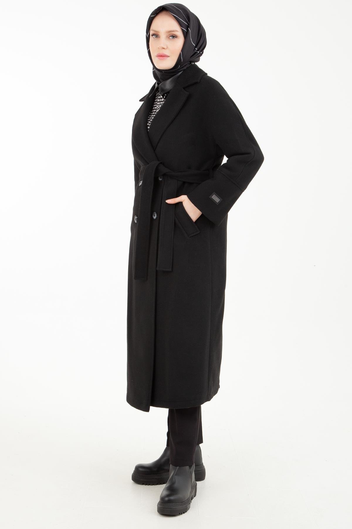 ARMİNE TREND Kruvaze Kapama Belden Bağlamalı Kaşe Kaban-Siyah 23KT718