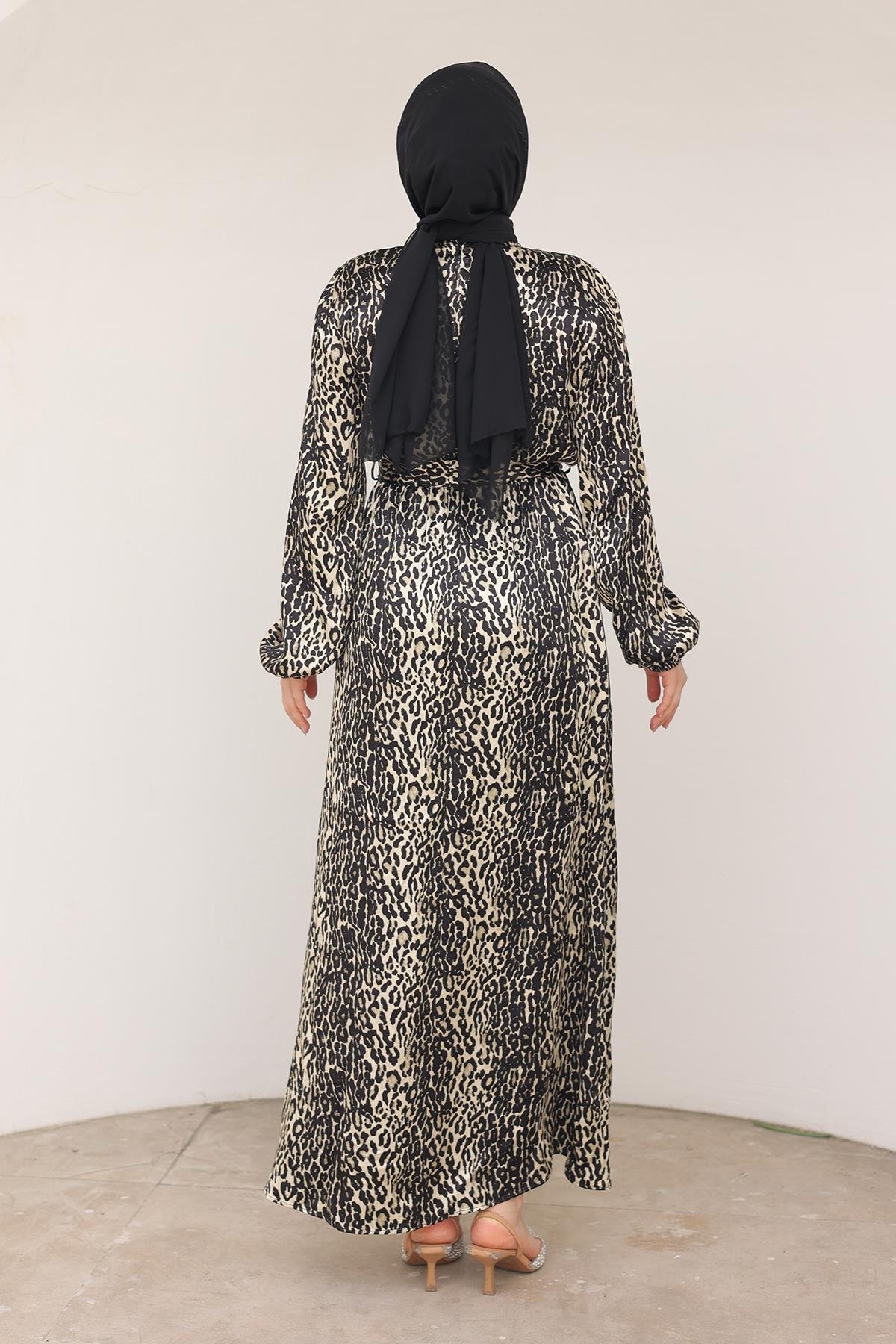 ARMİNE TREND Leopar Desenli Beli Kemerli Elbise Siyah 24KT904