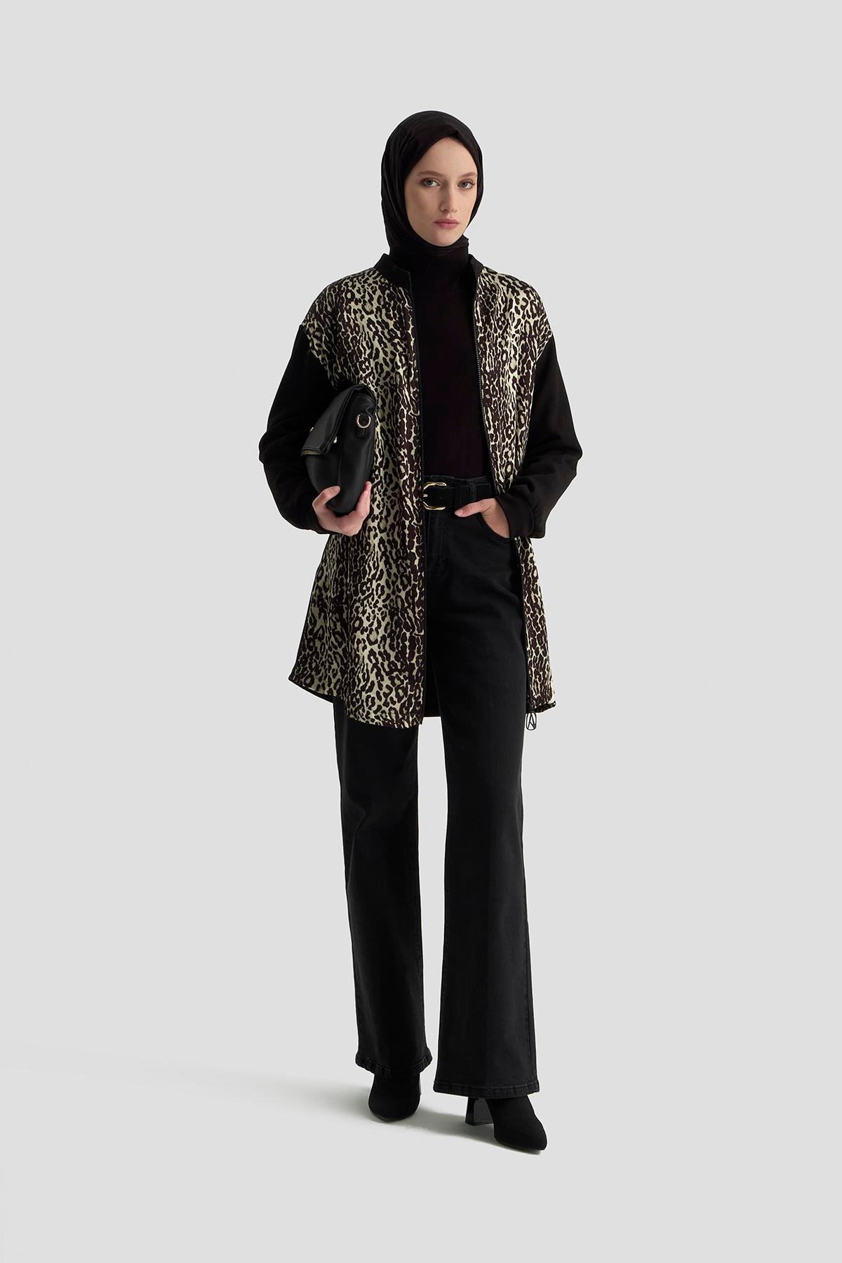 ARMİNE TREND Leopar Desenli Cepli Fermuarlı Tunik Siyah 25KT429