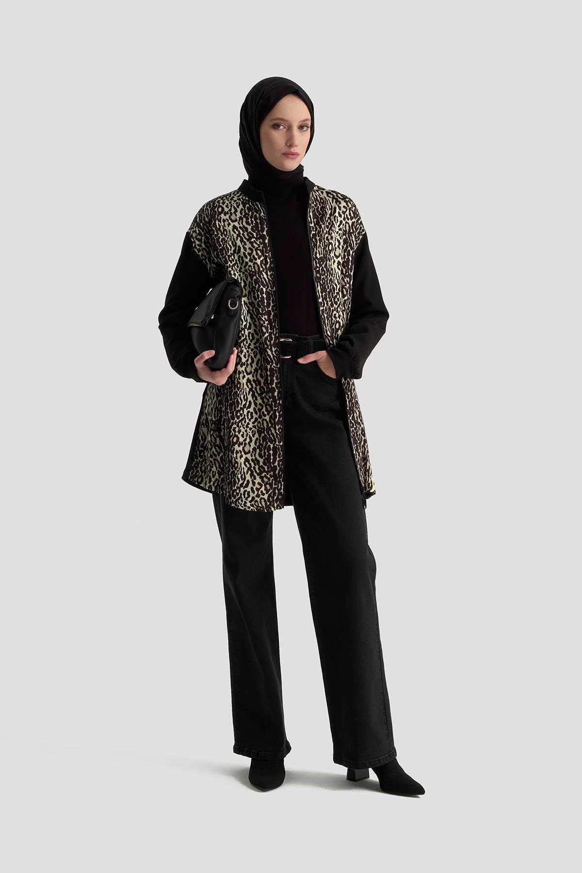 ARMİNE TREND Leopar Desenli Cepli Fermuarlı Tunik Siyah 25KT429
