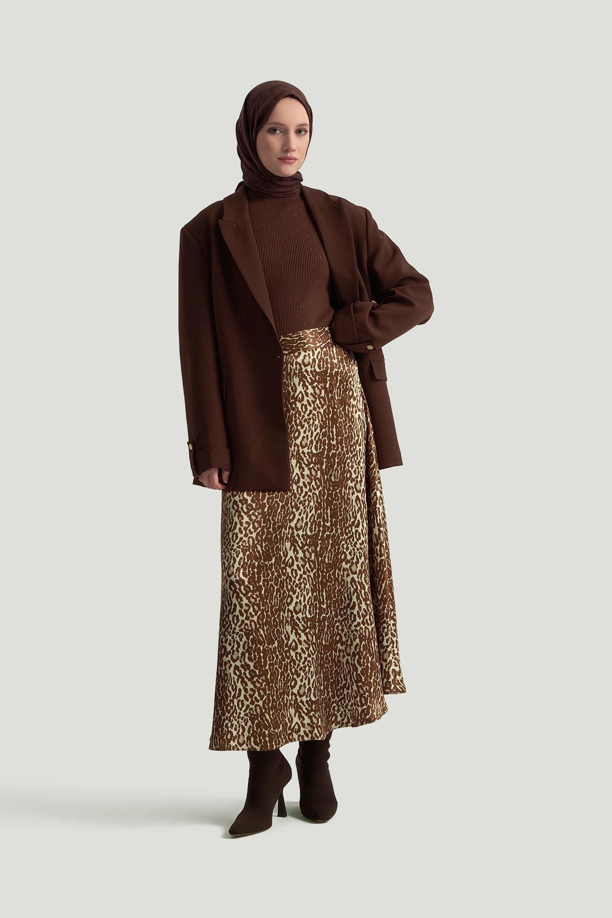 ARMİNE TREND Leopar Desenli Etek-Kahverengi 24KT103
