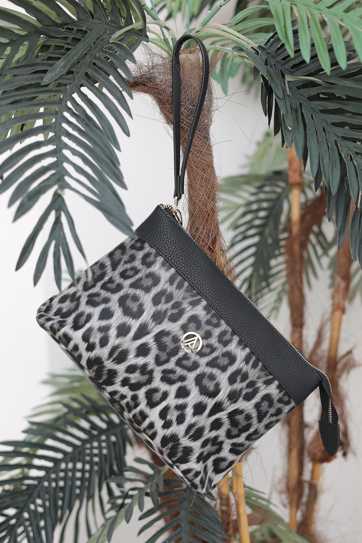 ARMİNE TREND Leoper Desenli Fermuarlı El Çantası-Siyah ARM125