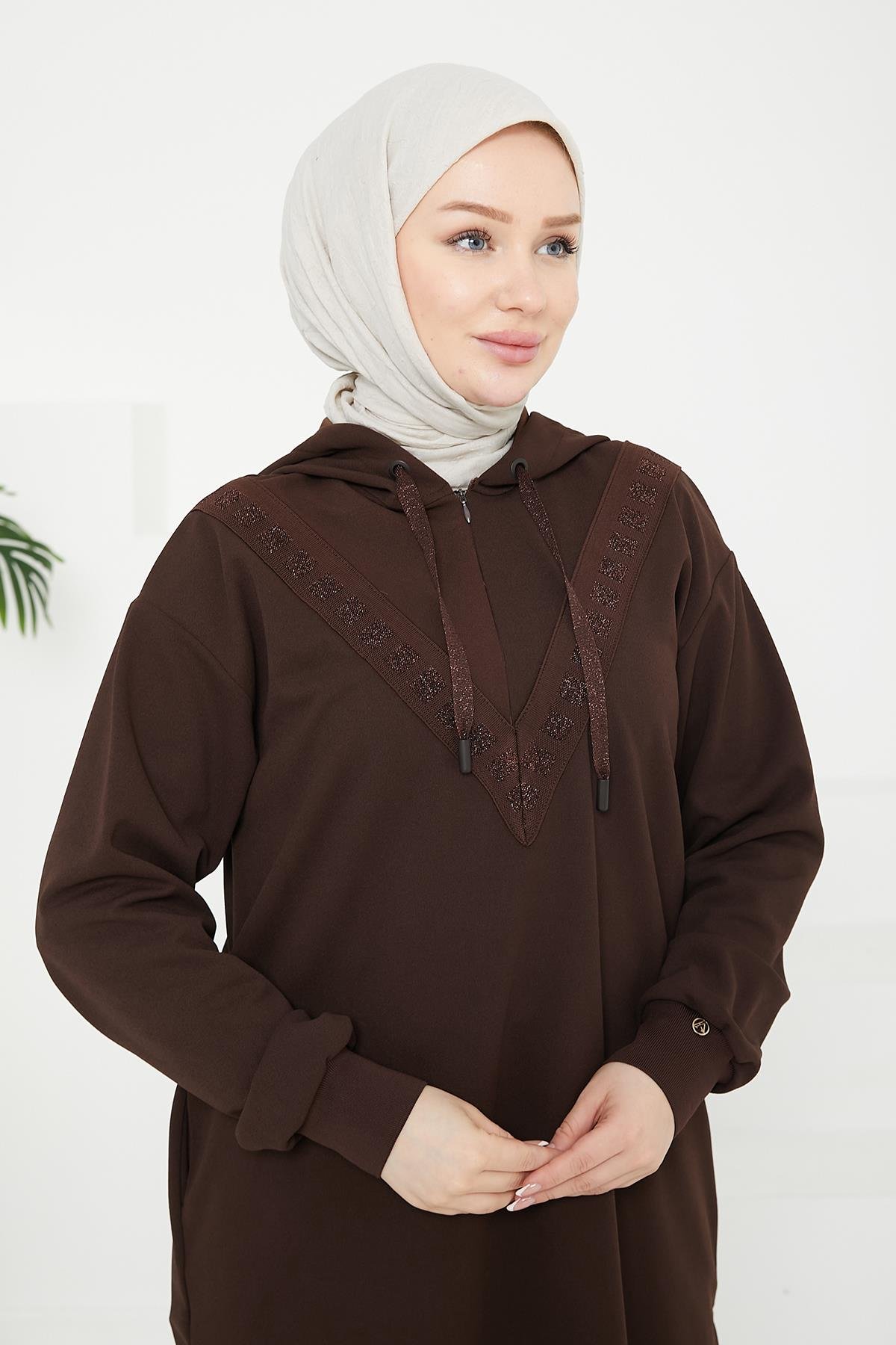 ARMİNE TREND Önden İşleme Detaylı Kapüşonlu Tunik-Kahverengi 24KT433