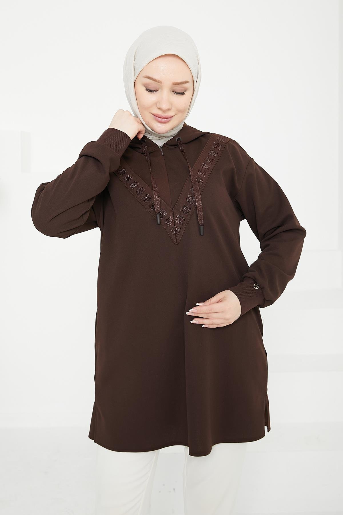 ARMİNE TREND Önden İşleme Detaylı Kapüşonlu Tunik-Kahverengi 24KT433