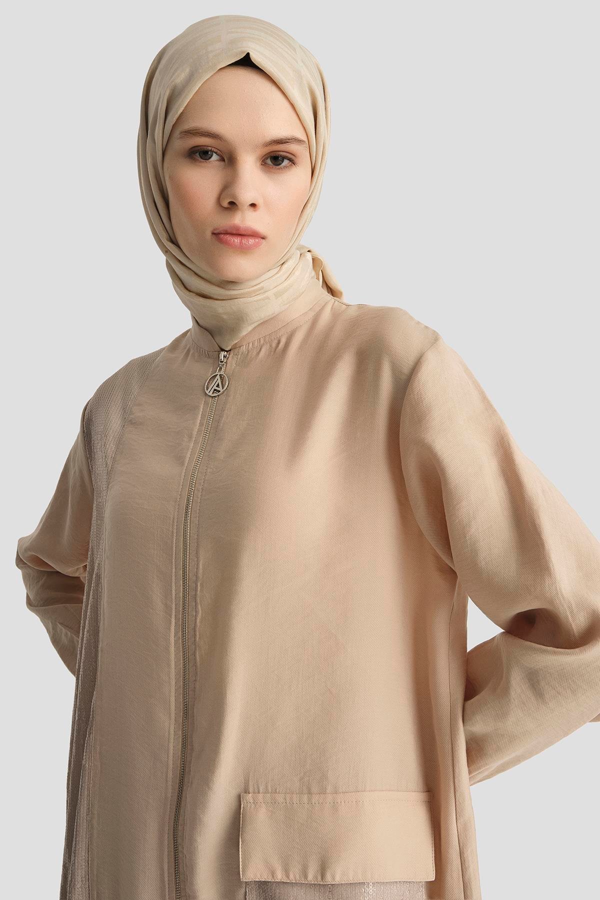 ARMİNE TREND Pul Desenli Fermuarlı Cepli Pantolonlu İkili Takım-Bej 25YT670