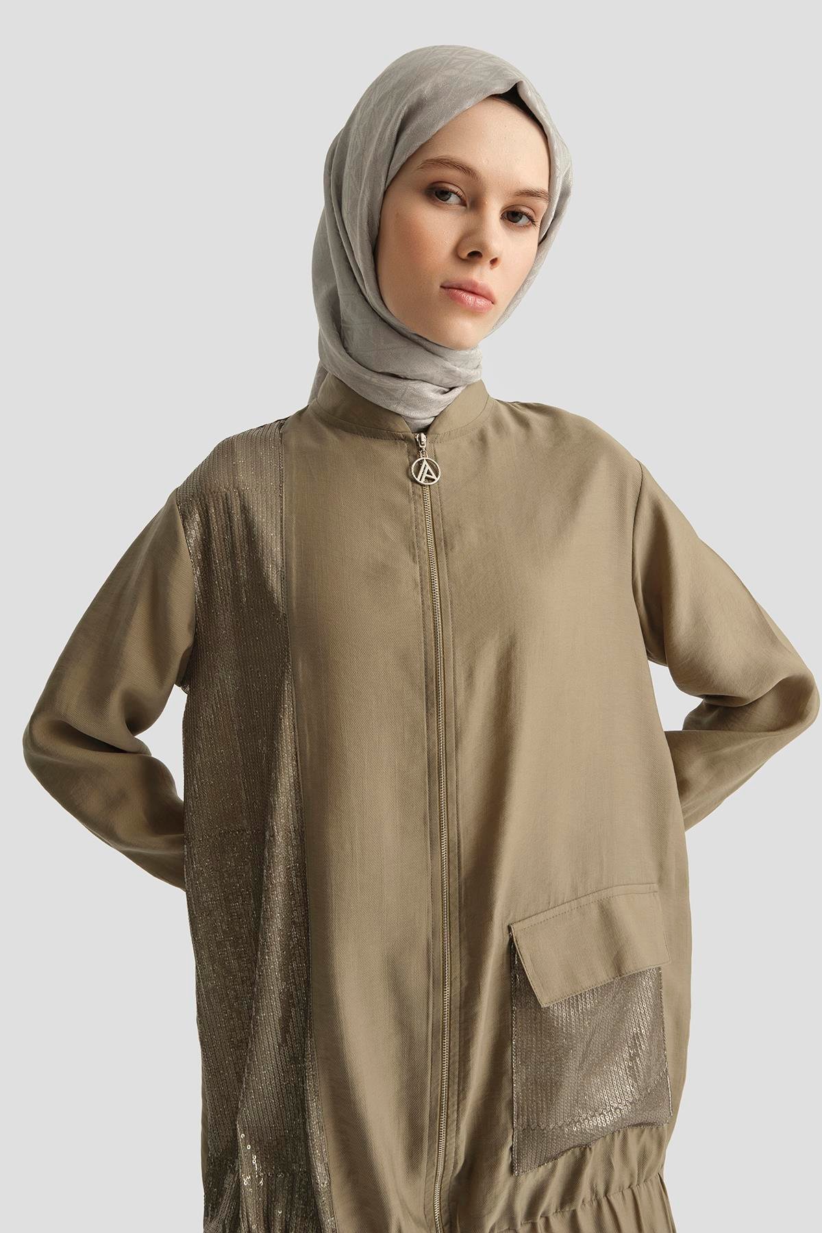 ARMİNE TREND Pul Desenli Fermuarlı Cepli Pantolonlu İkili Takım-Haki 25YT670