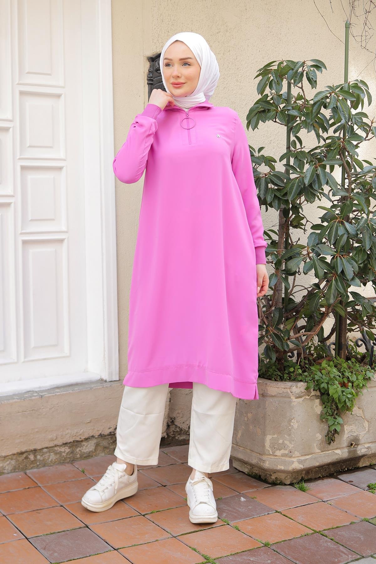 ARMİNE TREND Ribanalı Fermuarlı Krep Kumaşlı Tunik-Pembe 25YT460