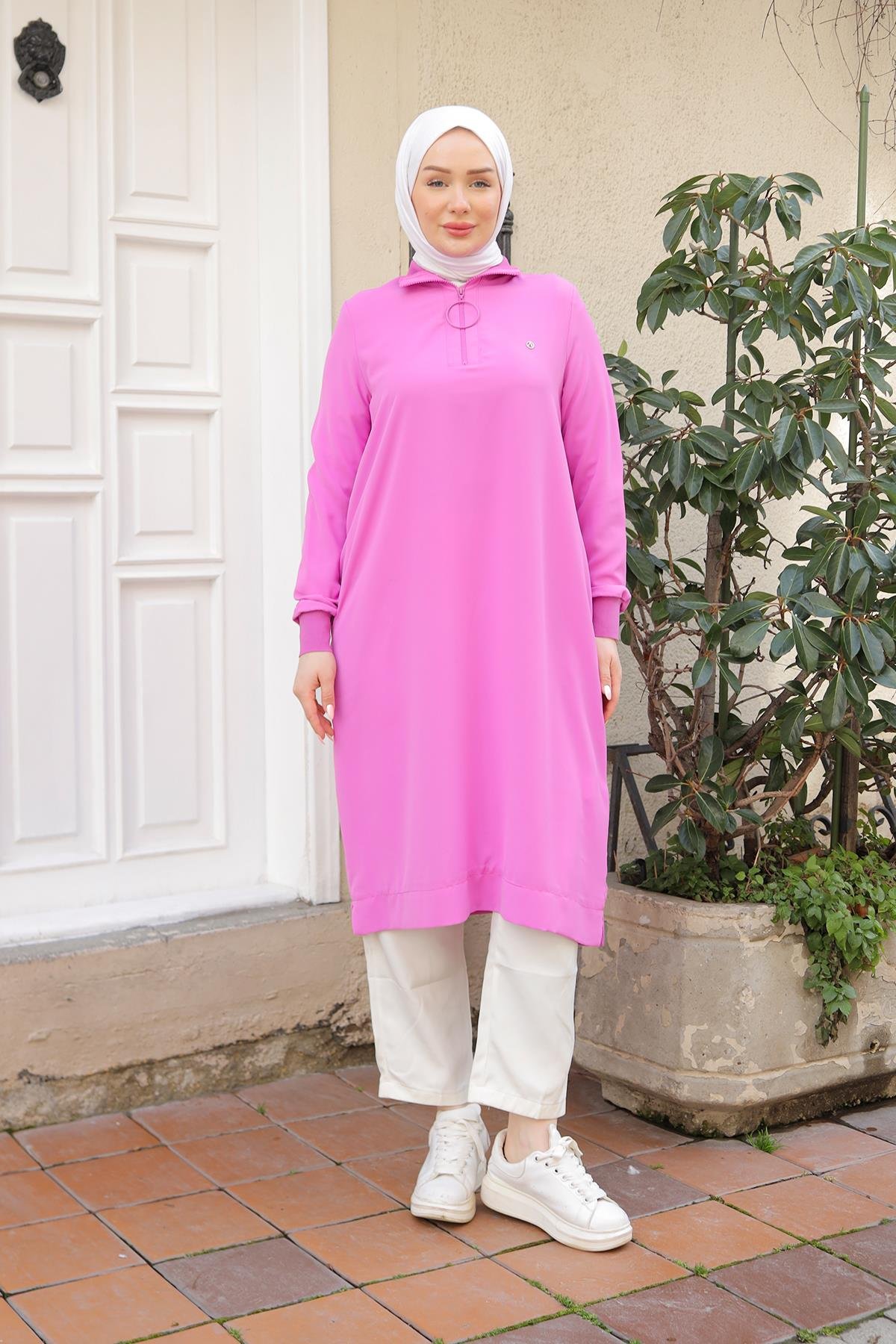ARMİNE TREND Ribanalı Fermuarlı Krep Kumaşlı Tunik-Pembe 25YT460