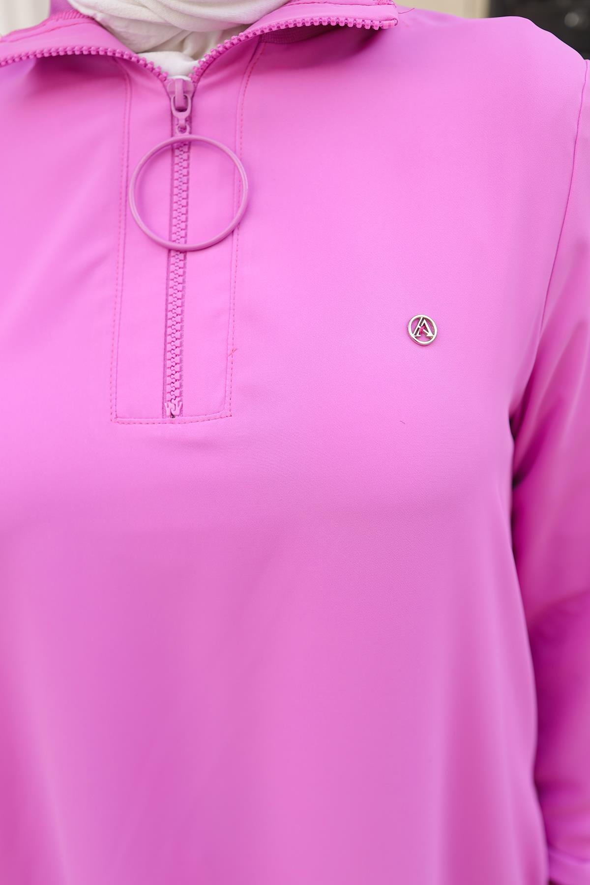 ARMİNE TREND Ribanalı Fermuarlı Krep Kumaşlı Tunik-Pembe 25YT460