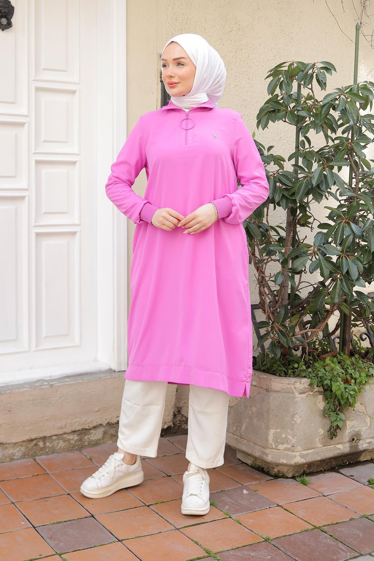 ARMİNE TREND Ribanalı Fermuarlı Krep Kumaşlı Tunik-Pembe 25YT460