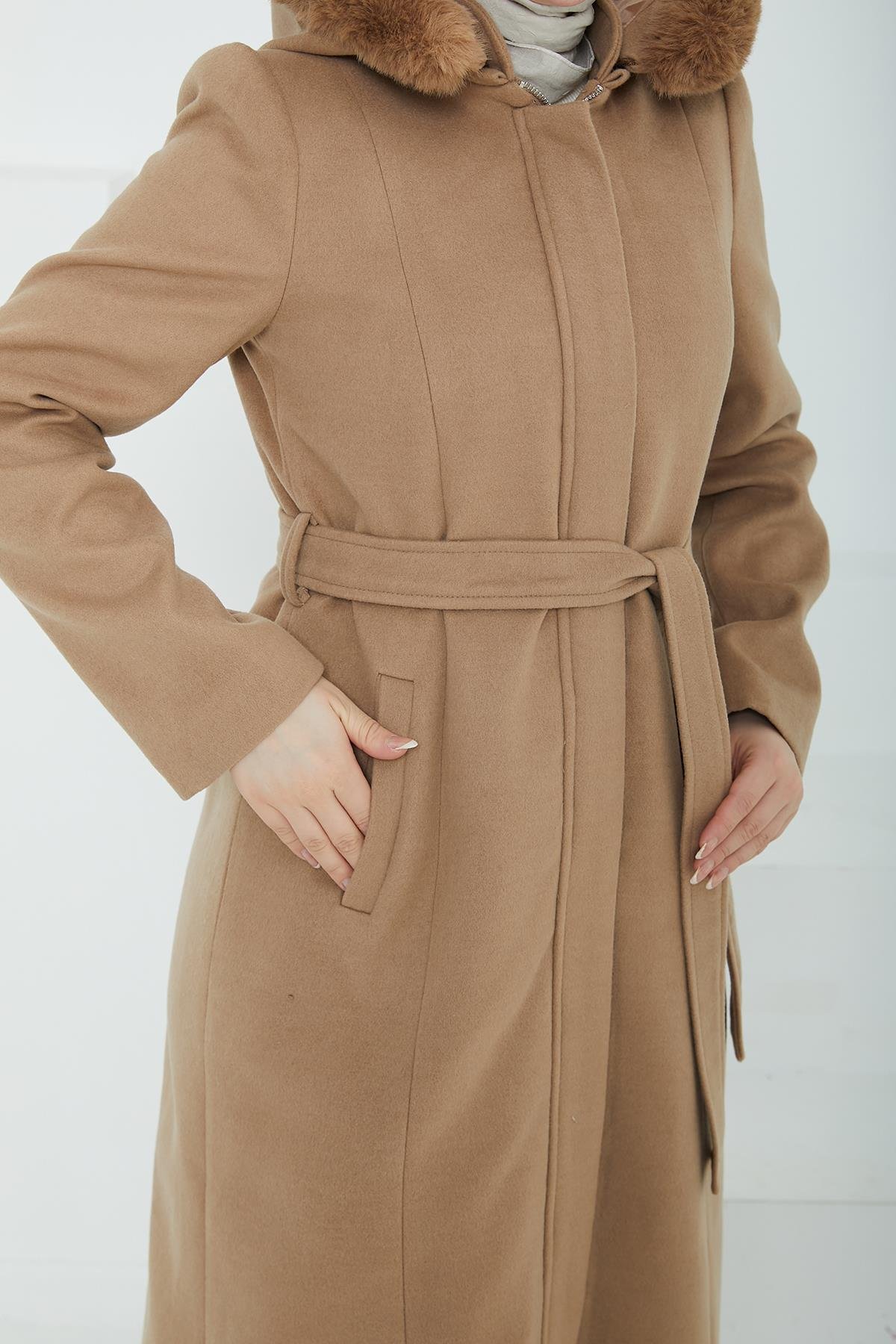 ARMİNE TREND Seyyar Kapüşonlu Belden Kuşaklı Kap-Vizon 24KT742